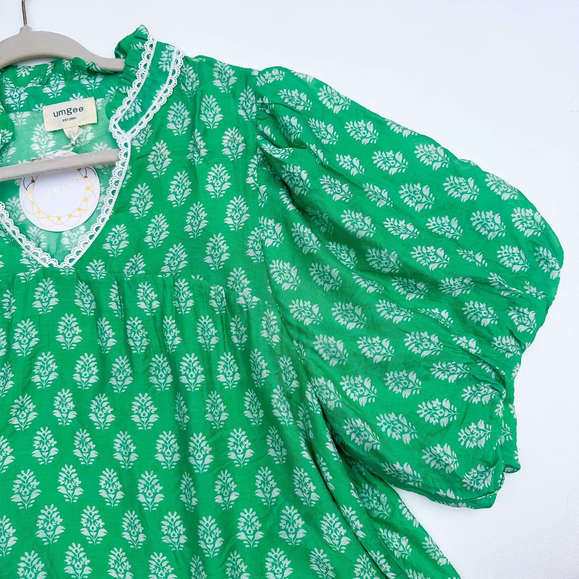Emerald Meadow Lace Trim Block Print Blouse