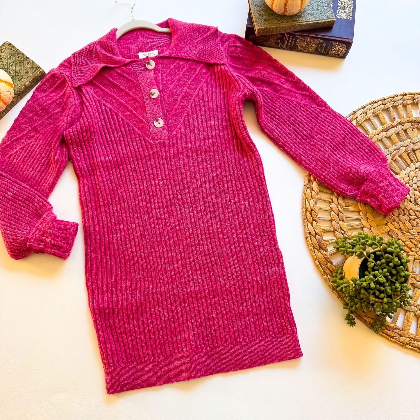 Fuchsia ribbed collared henley sweater dress
