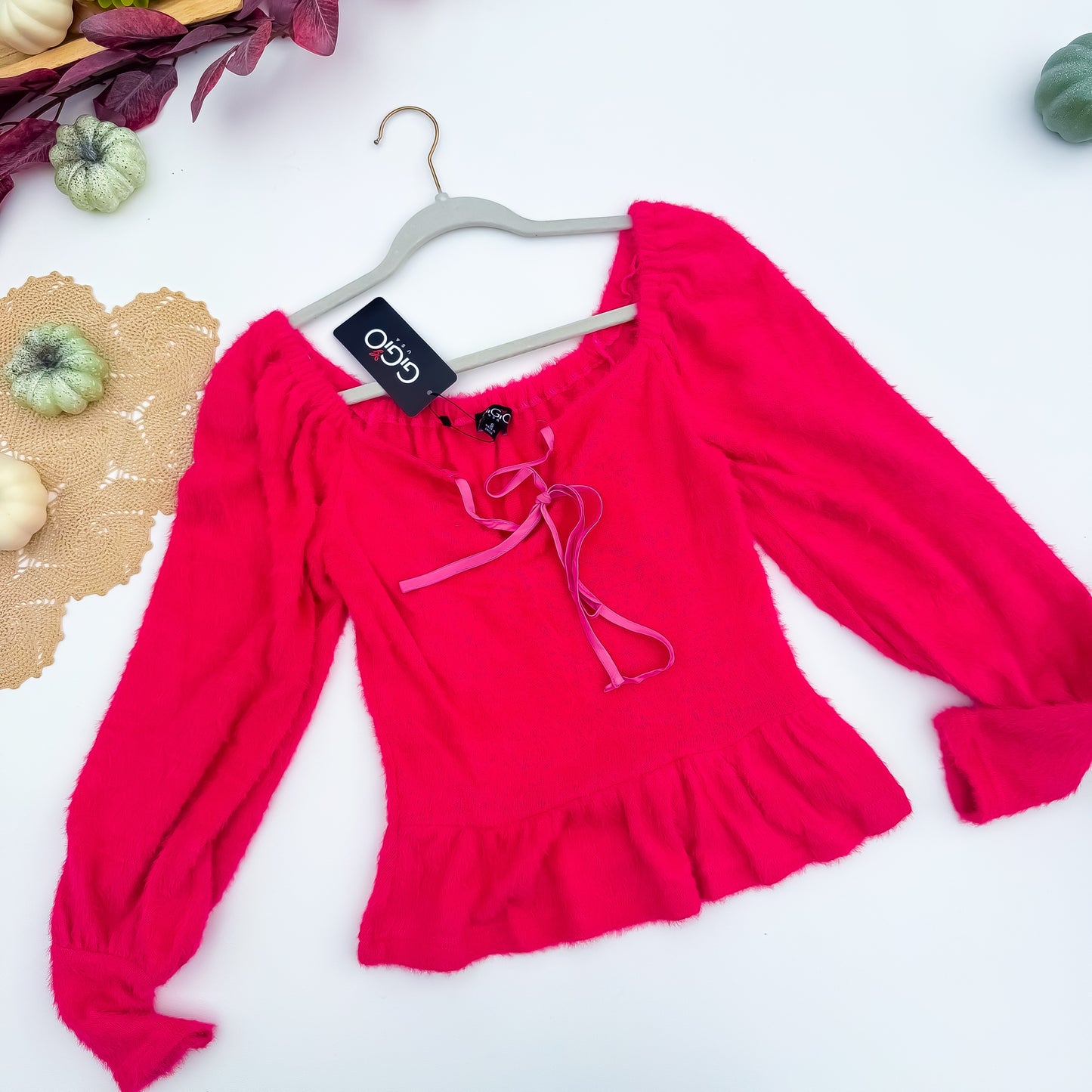 Flamingo Fluff Ribbon Tie Peplum Sweater