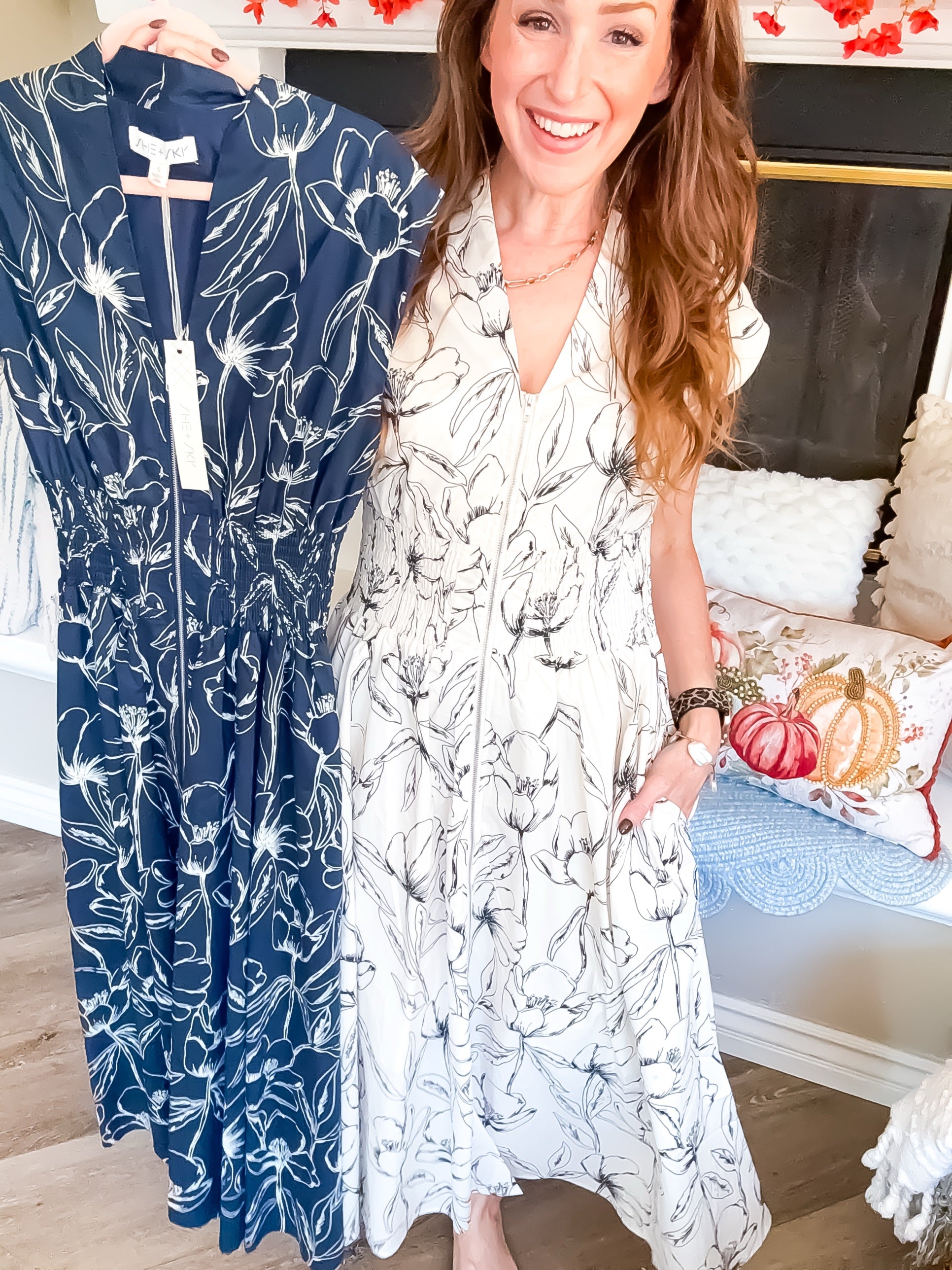 Floral zip front midi dress in cream and navy