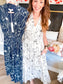 Floral zip front midi dress in cream and navy