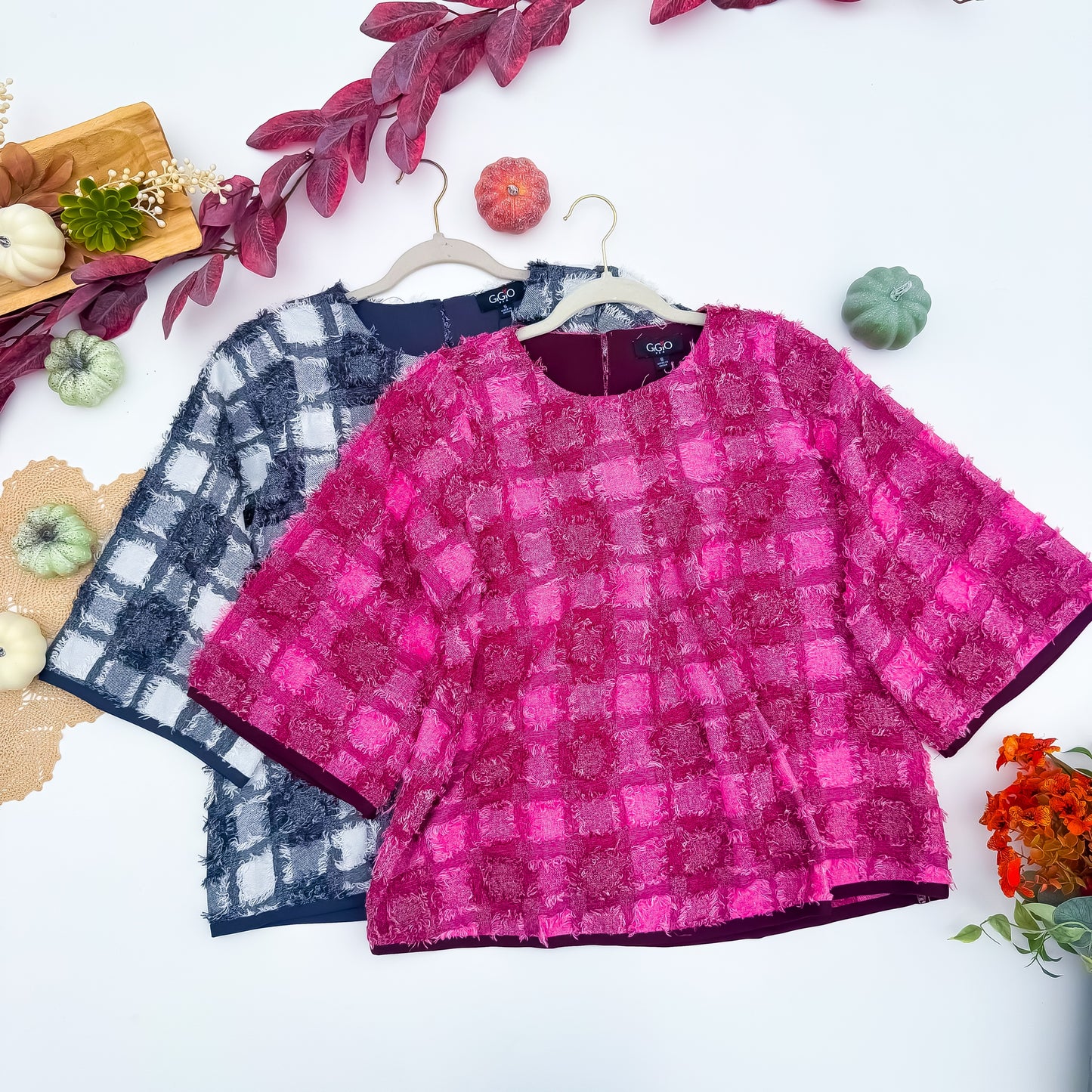 Berry Fringe Plaid Wide Sleeve Boxy Top in Berry Pink and Navy Ivory