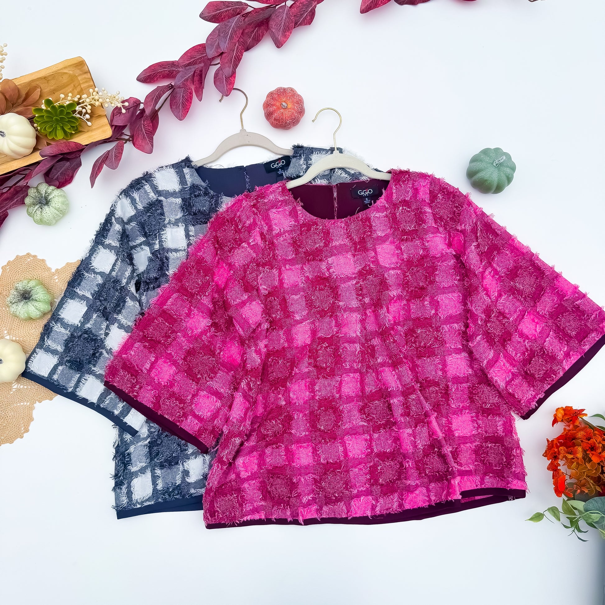 Berry Fringe Plaid Wide Sleeve Boxy Top in Berry Pink and Navy Ivory