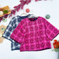 Berry Fringe Plaid Wide Sleeve Boxy Top in Berry Pink and Navy Ivory