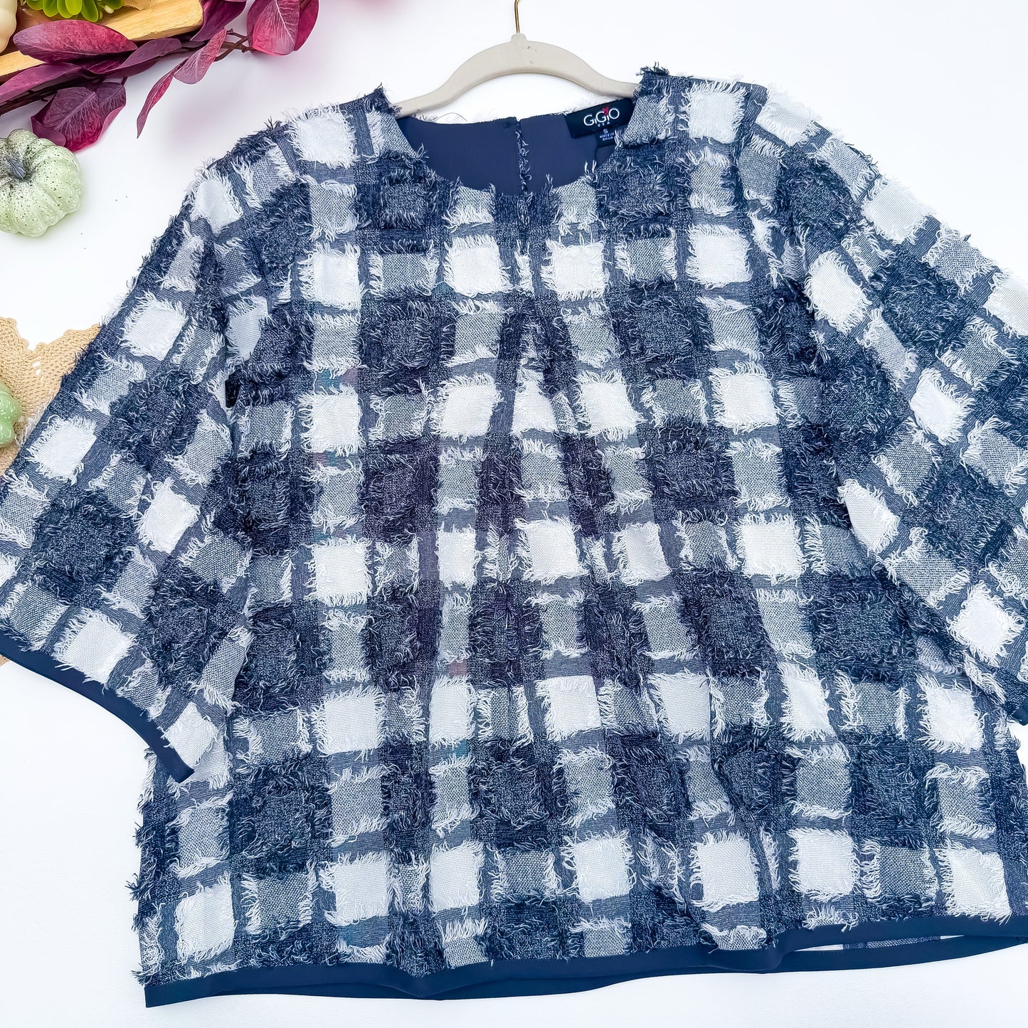 Navy Ivory fringe plaid top