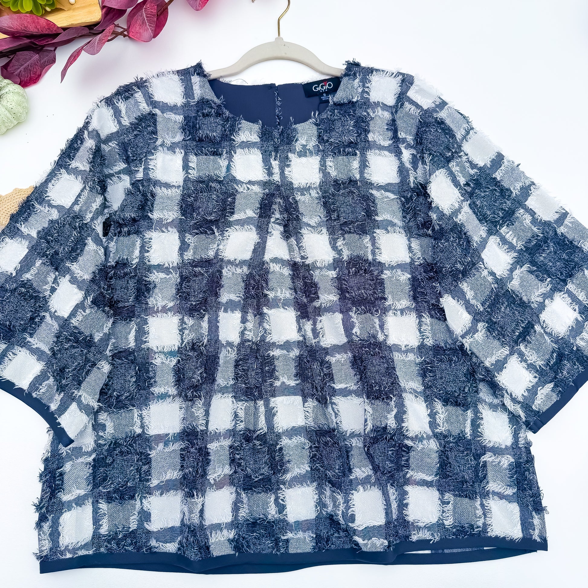 Navy Ivory fringe plaid top