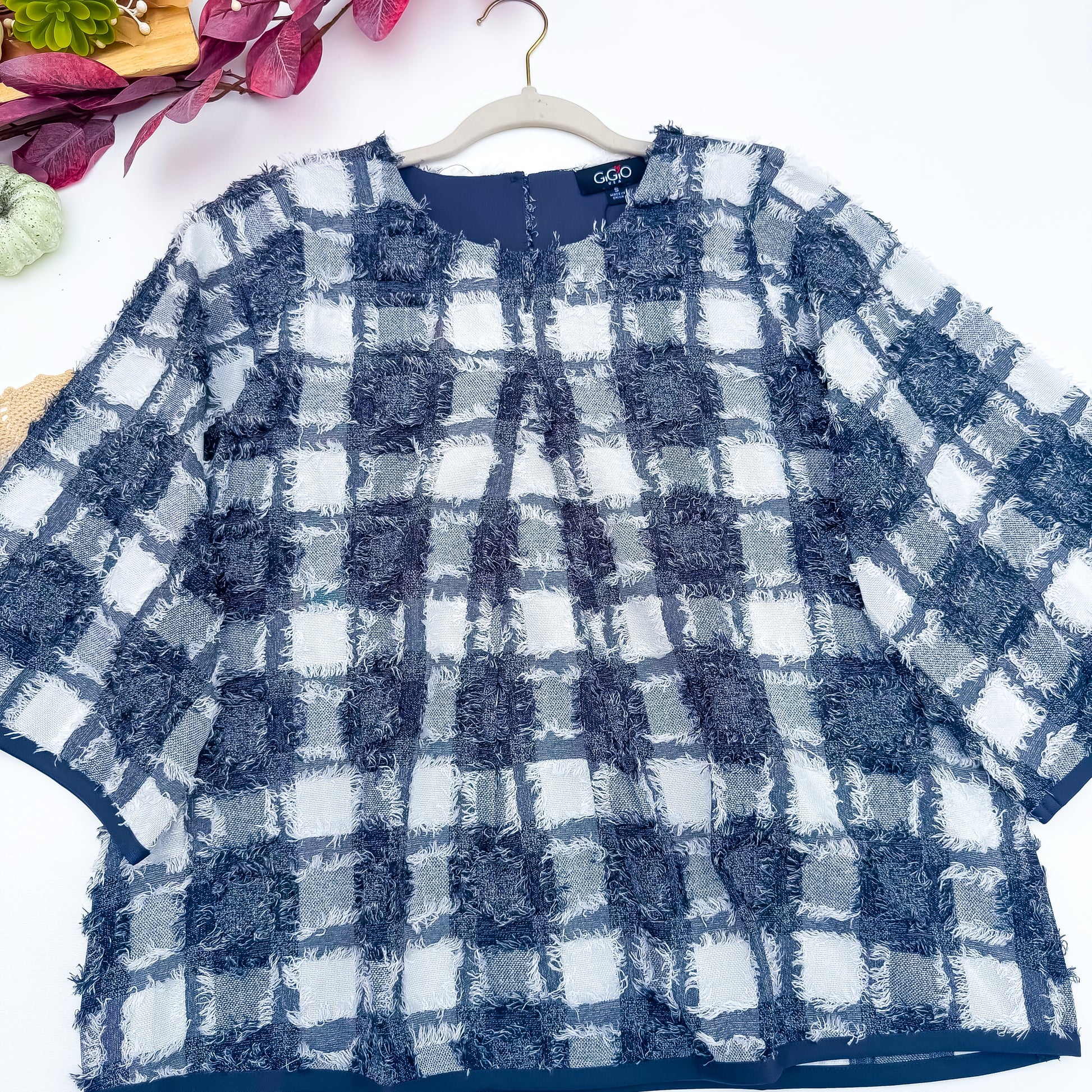 Navy Ivory fringe plaid top