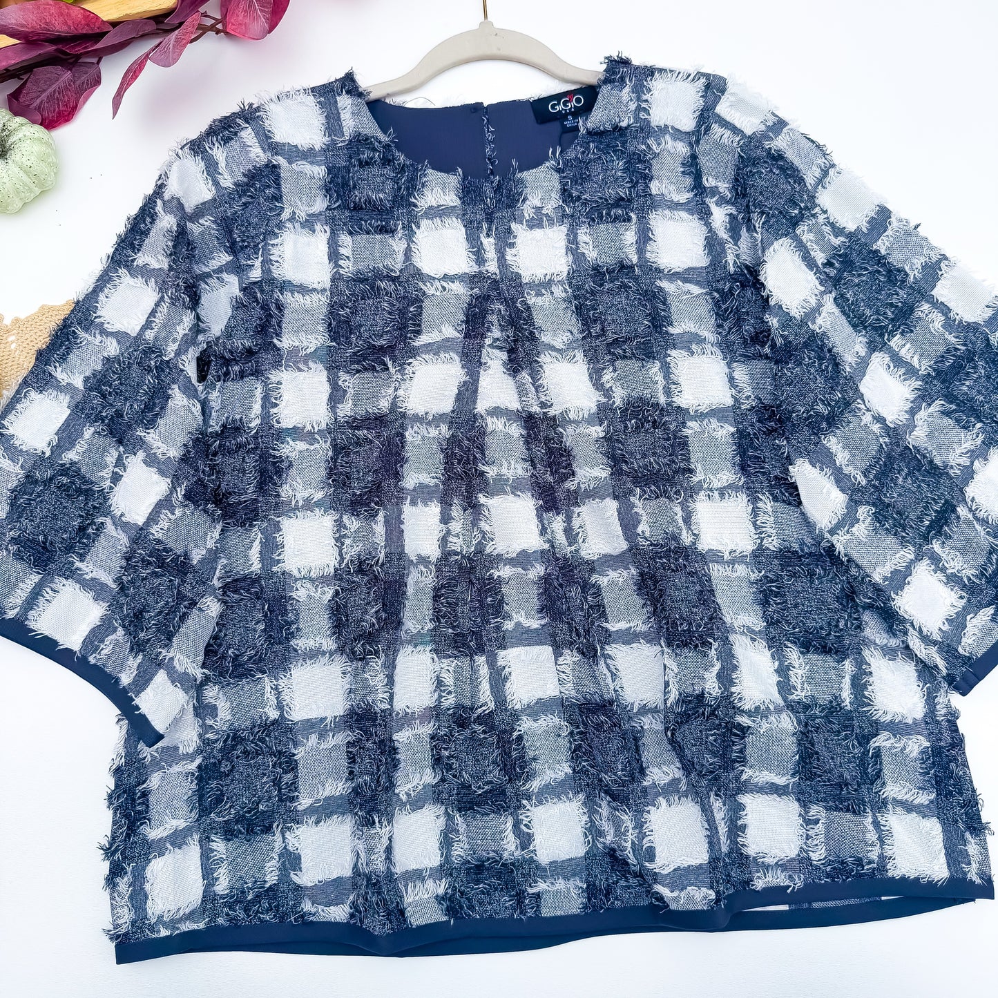 Navy Ivory fringe plaid top