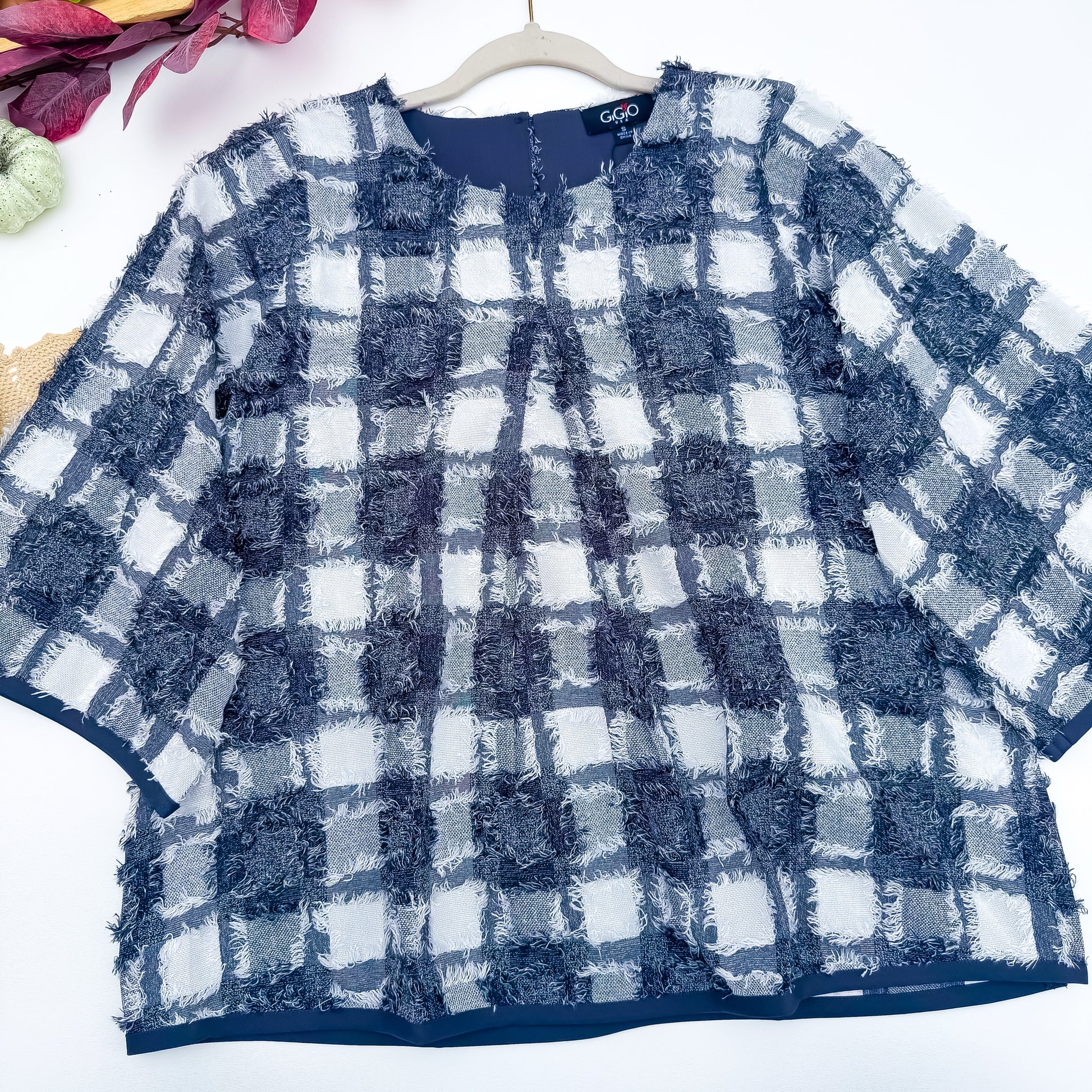 Navy Ivory fringe plaid top