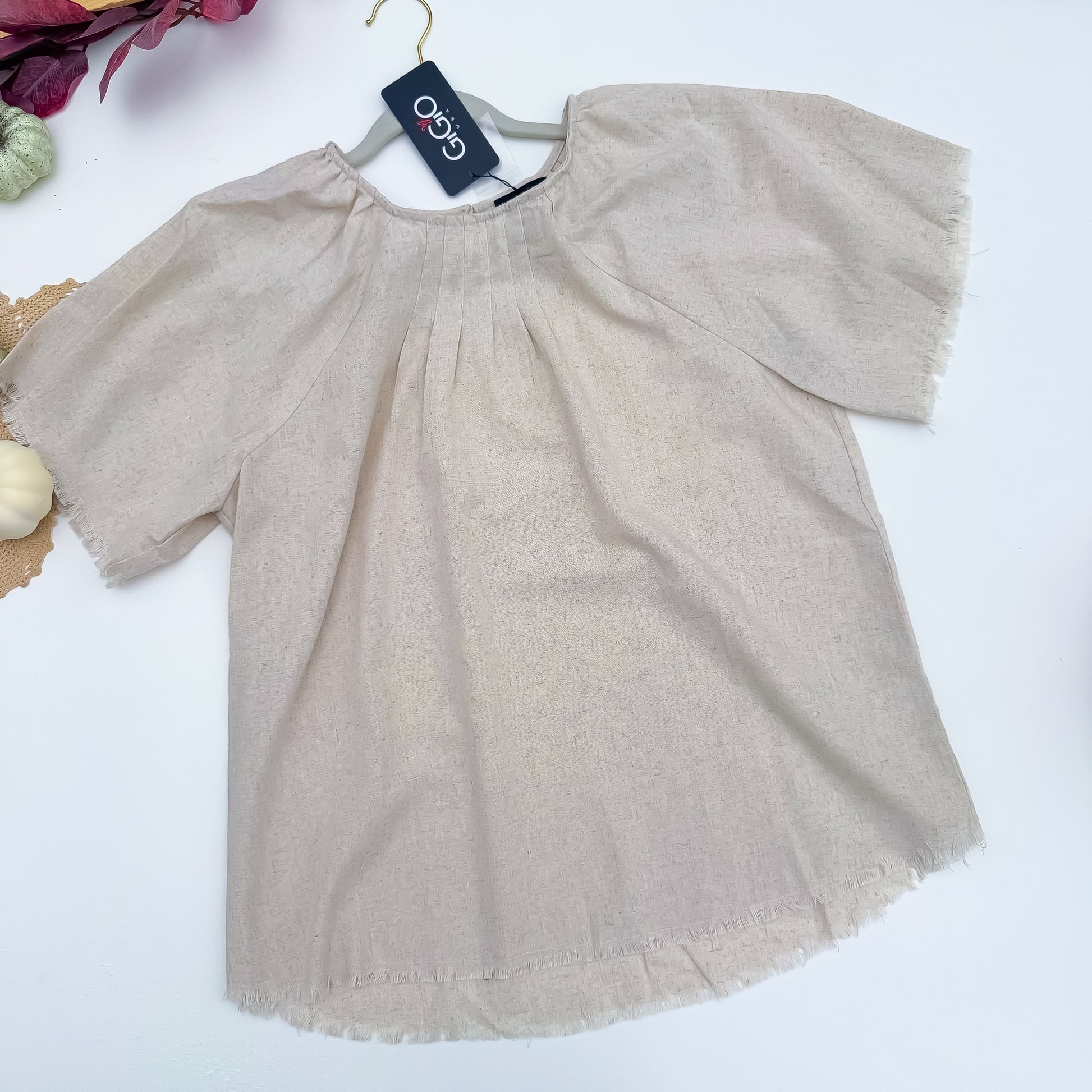 Oat Latte Pleated Fringe Linen Blend Top