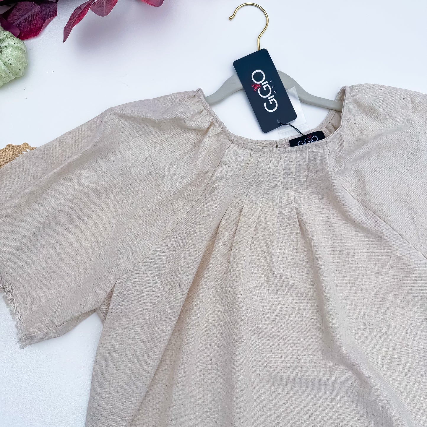 Oat Latte Pleated Fringe Linen Blend Top neckline detail