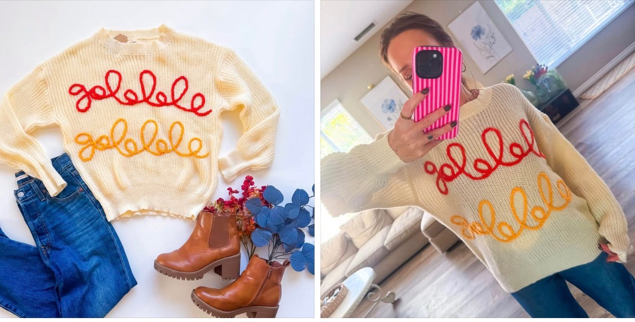 Cream gobble gobble script embroidered sweater, flat lay and on model