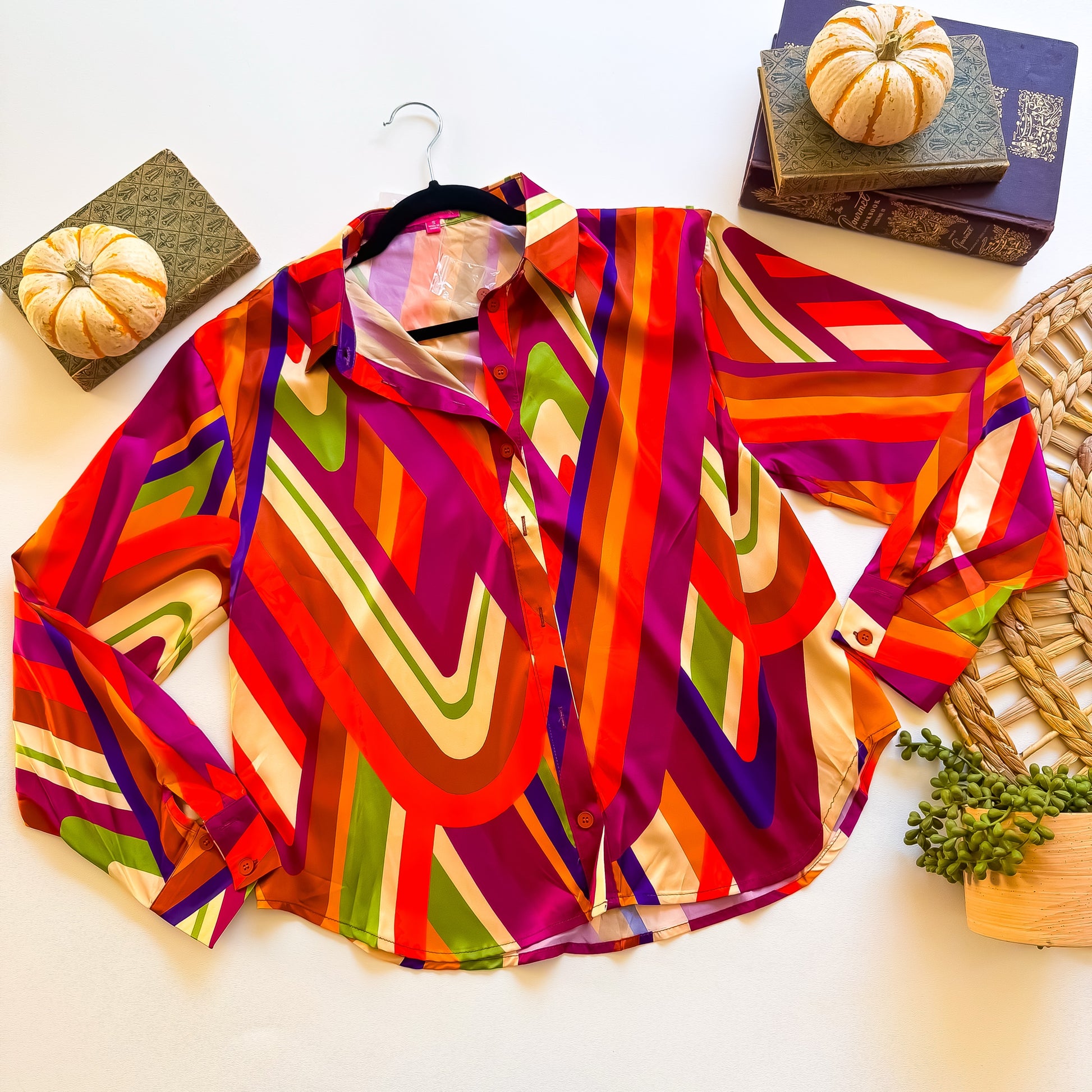 Groovy Getaway Retro Chevron Satin Button-Up Top flat lay