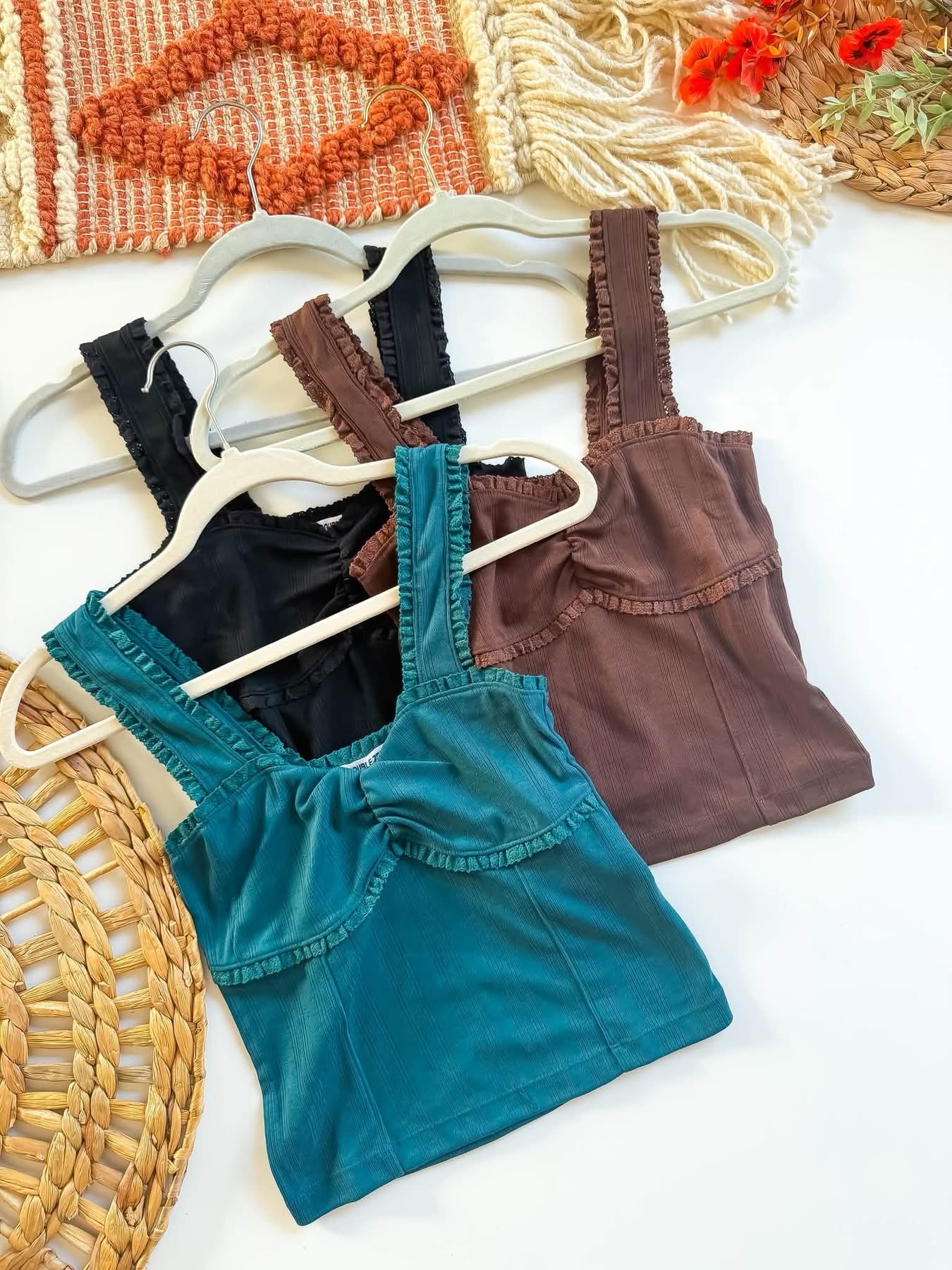Brown, black and teal ruffle strap pointelle camis