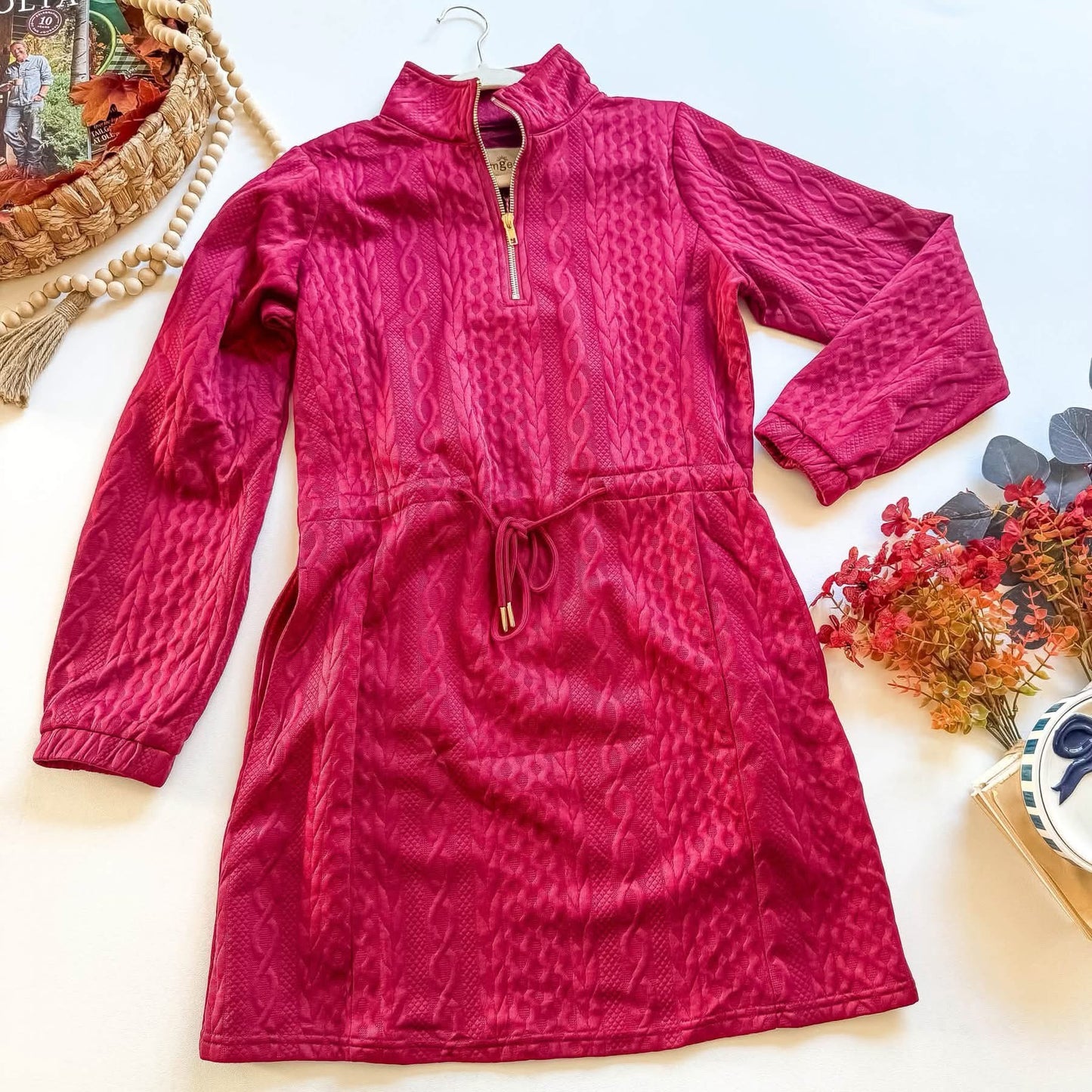 Burgundy cable quilted half-zip dress with drawstring waist