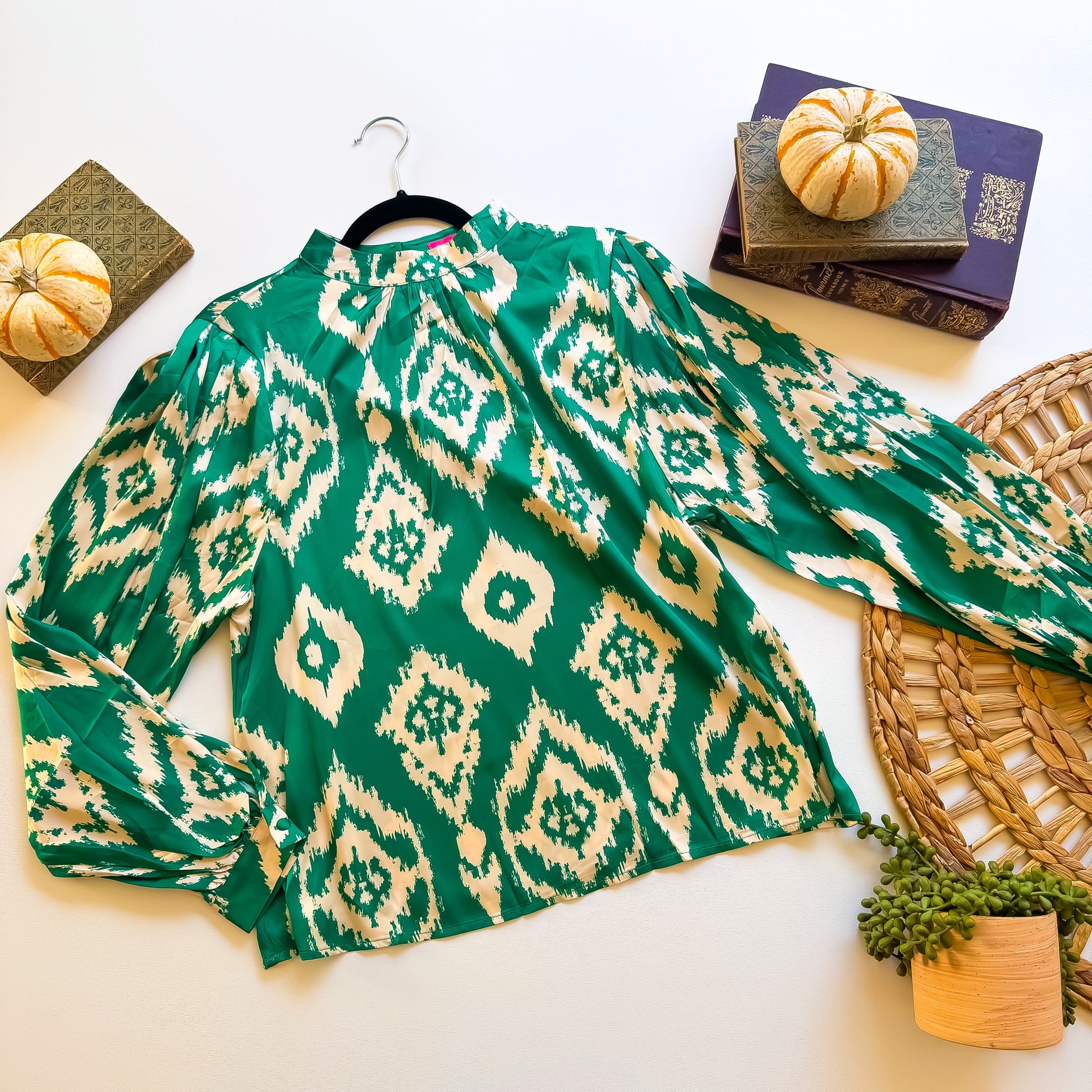Evergreen ikat satin mock neck blouse