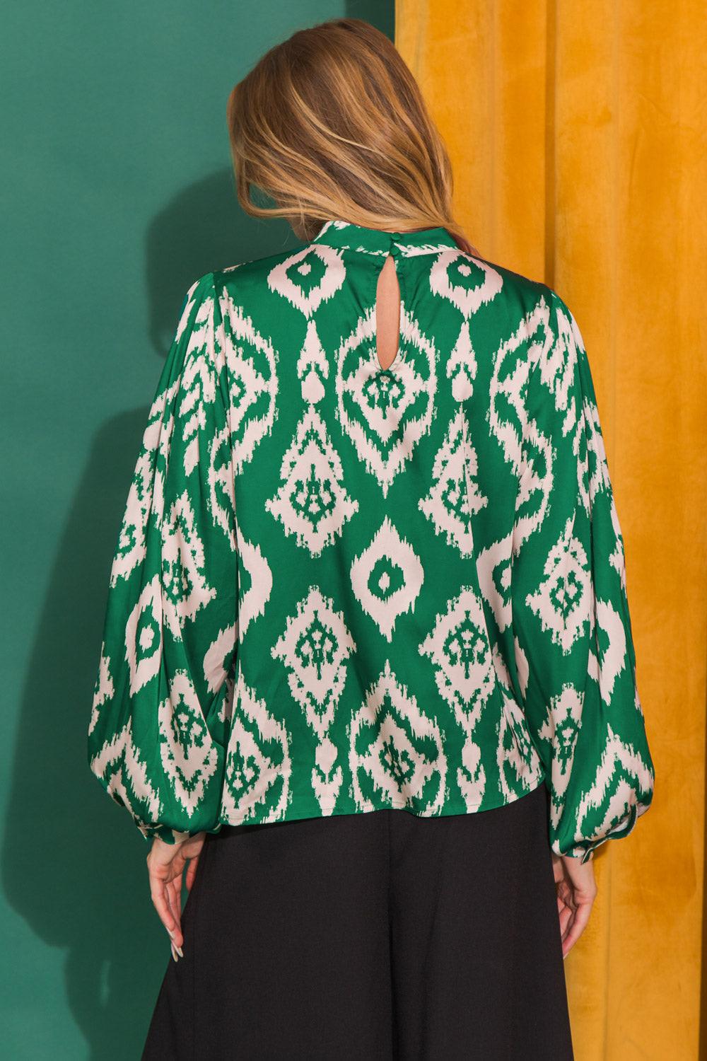 Evergreen ikat satin mock neck blouse