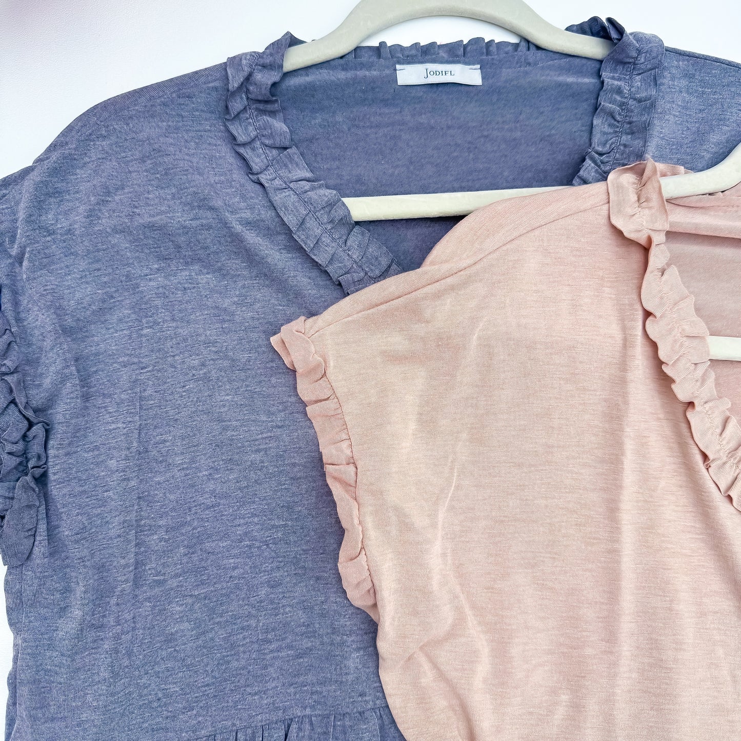 Jodifl ruffle trim top slate blue and dusty rose detail