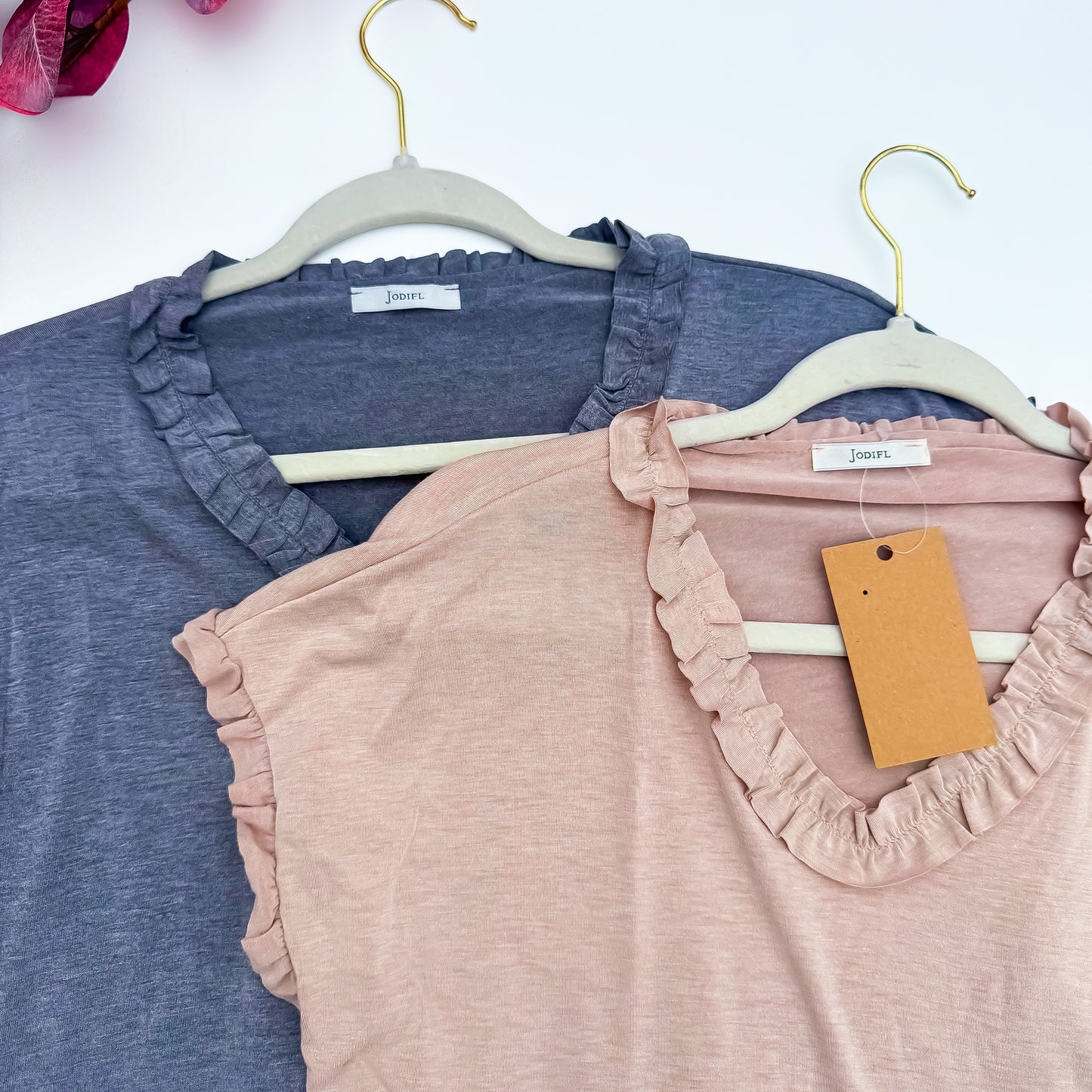 Jodifl ruffle V-neck tops in slate blue and dusty rose