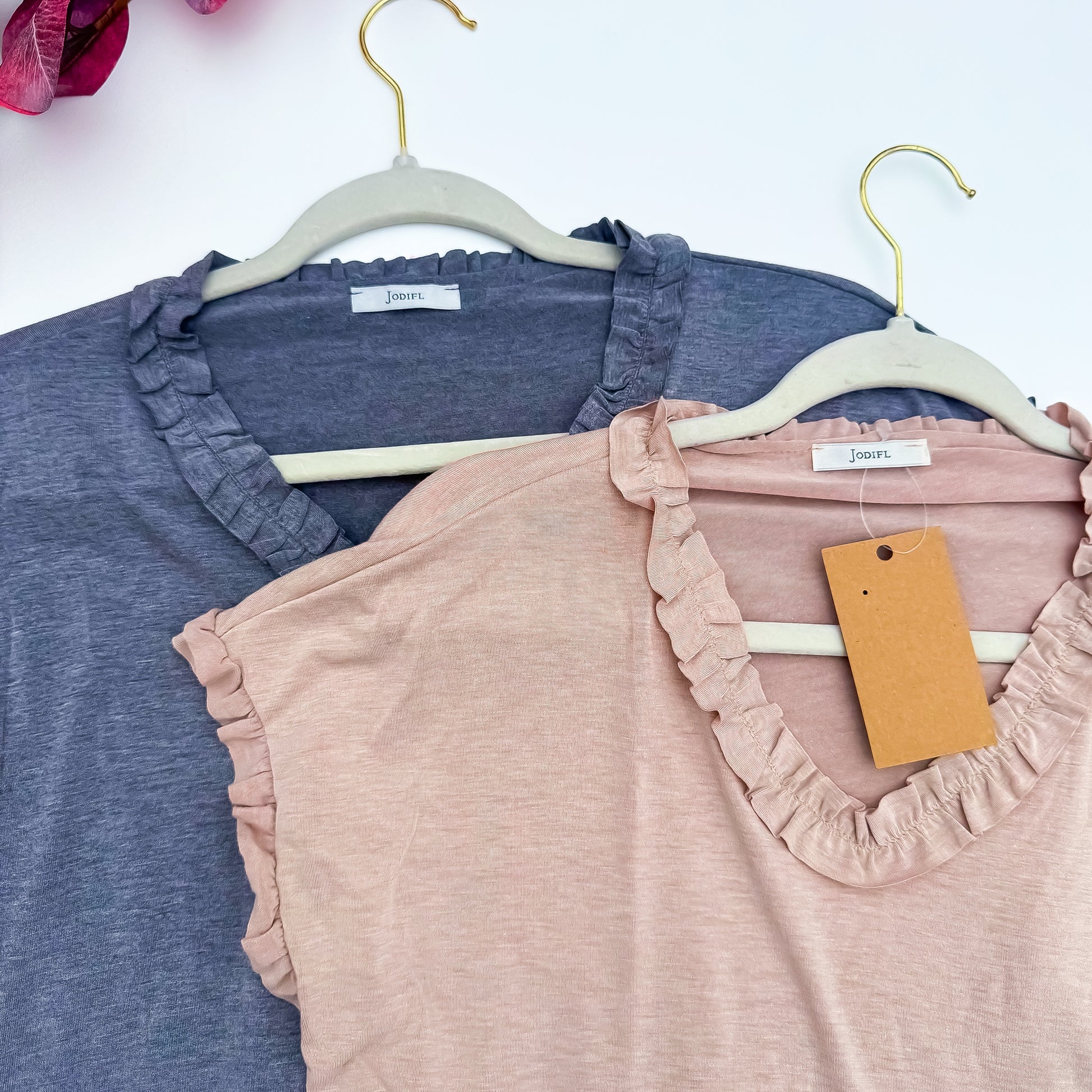Jodifl ruffle V-neck tops in slate blue and dusty rose