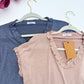Jodifl ruffle V-neck tops in slate blue and dusty rose