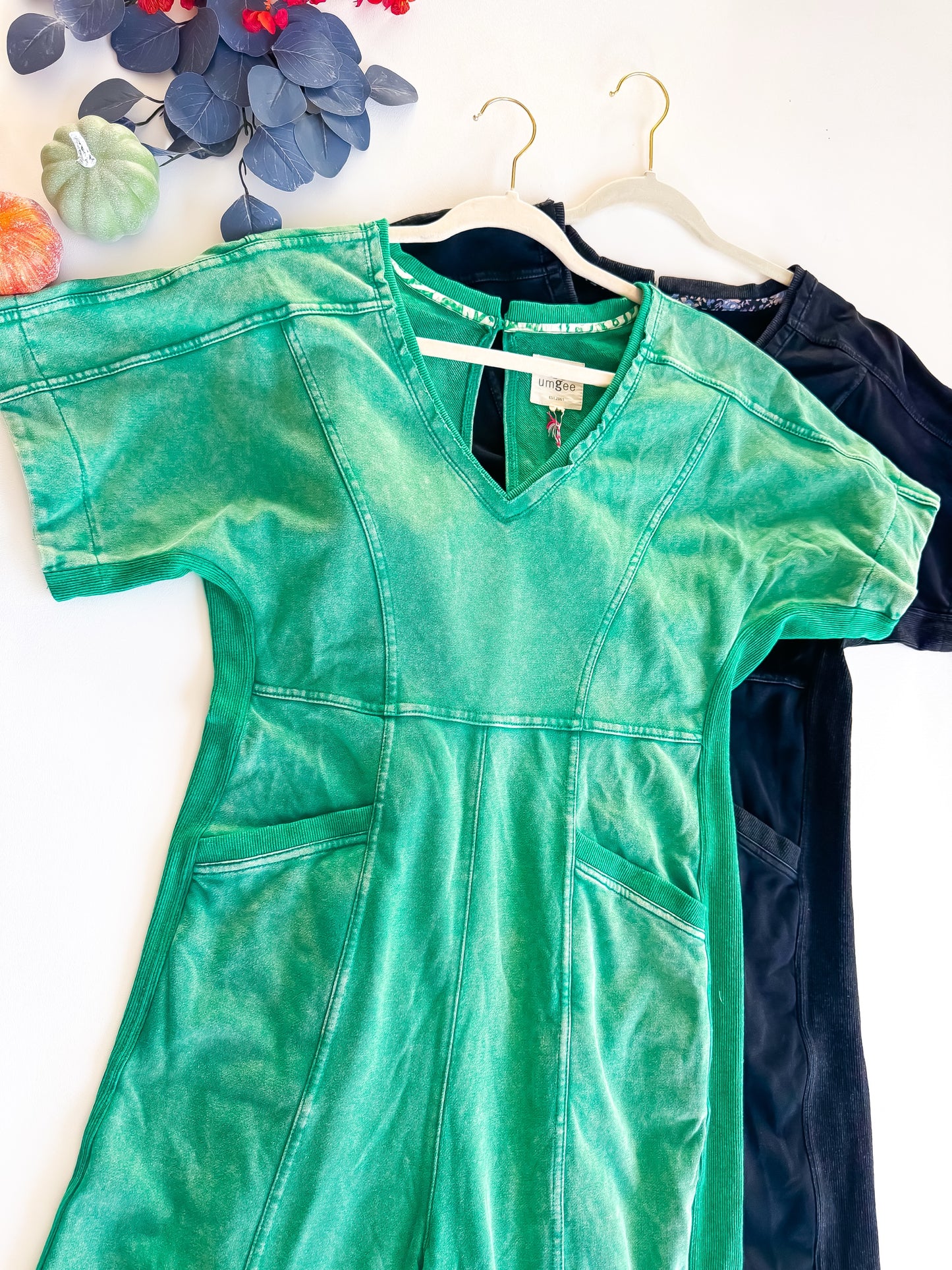 Green mineral wash jumpsuit bodice and pockets