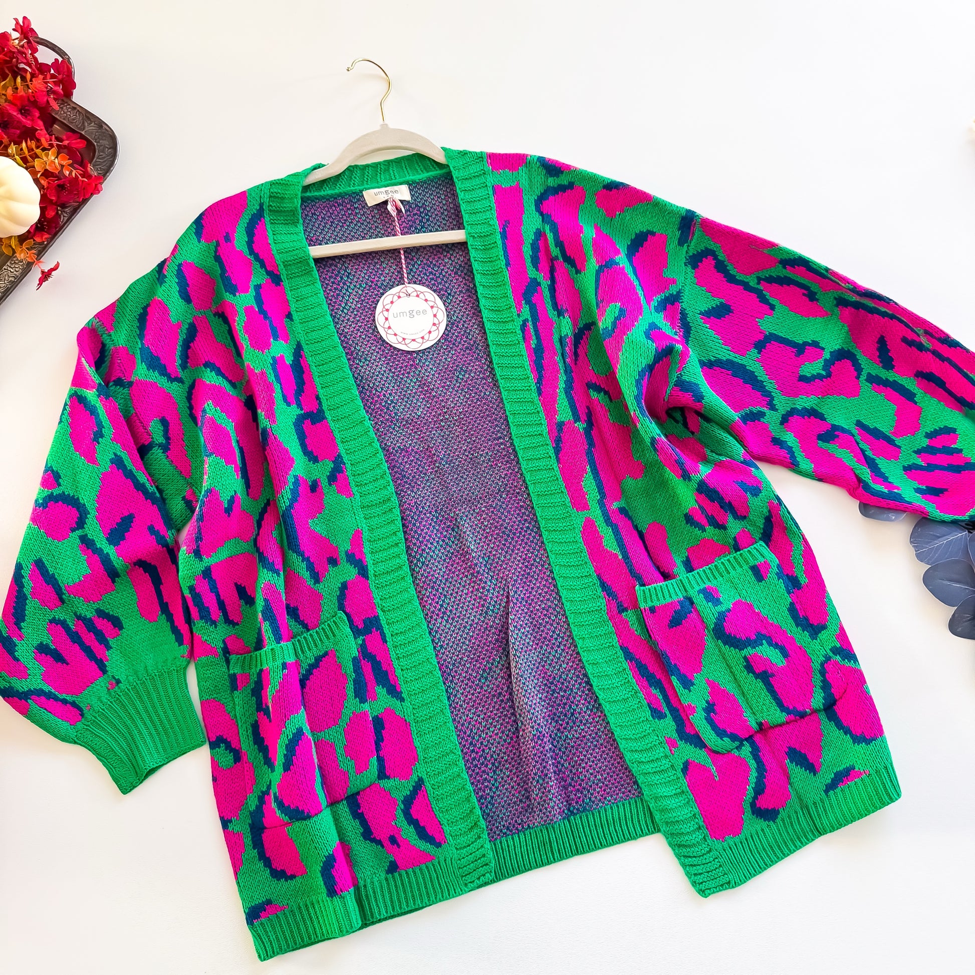Green and pink leopard open front cardigan with pockets