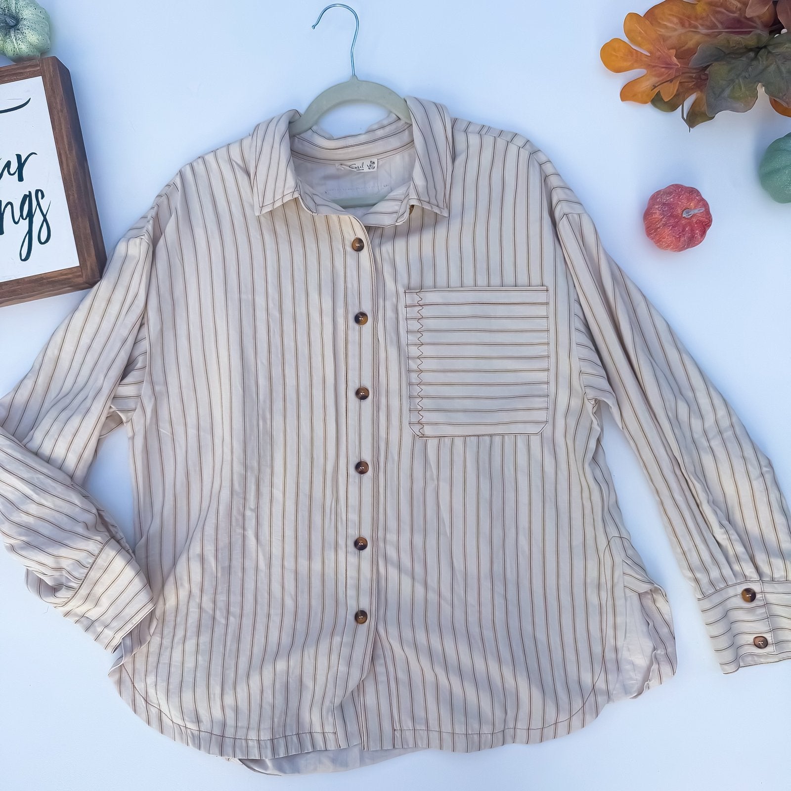 Leaves & Lattes Striped Button-Up