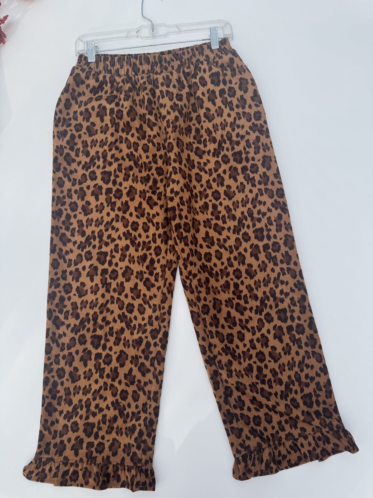 Wild Harvest Leopard Ruffle Hem Wide-Leg Pants