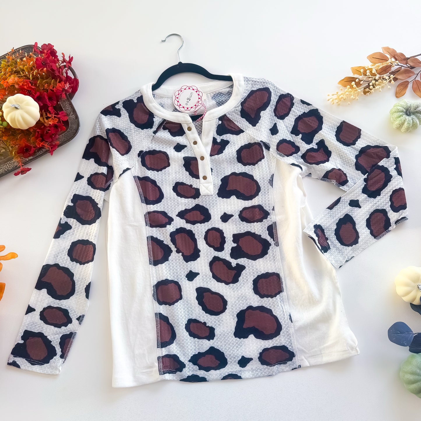 Cream and brown leopard waffle knit henley top
