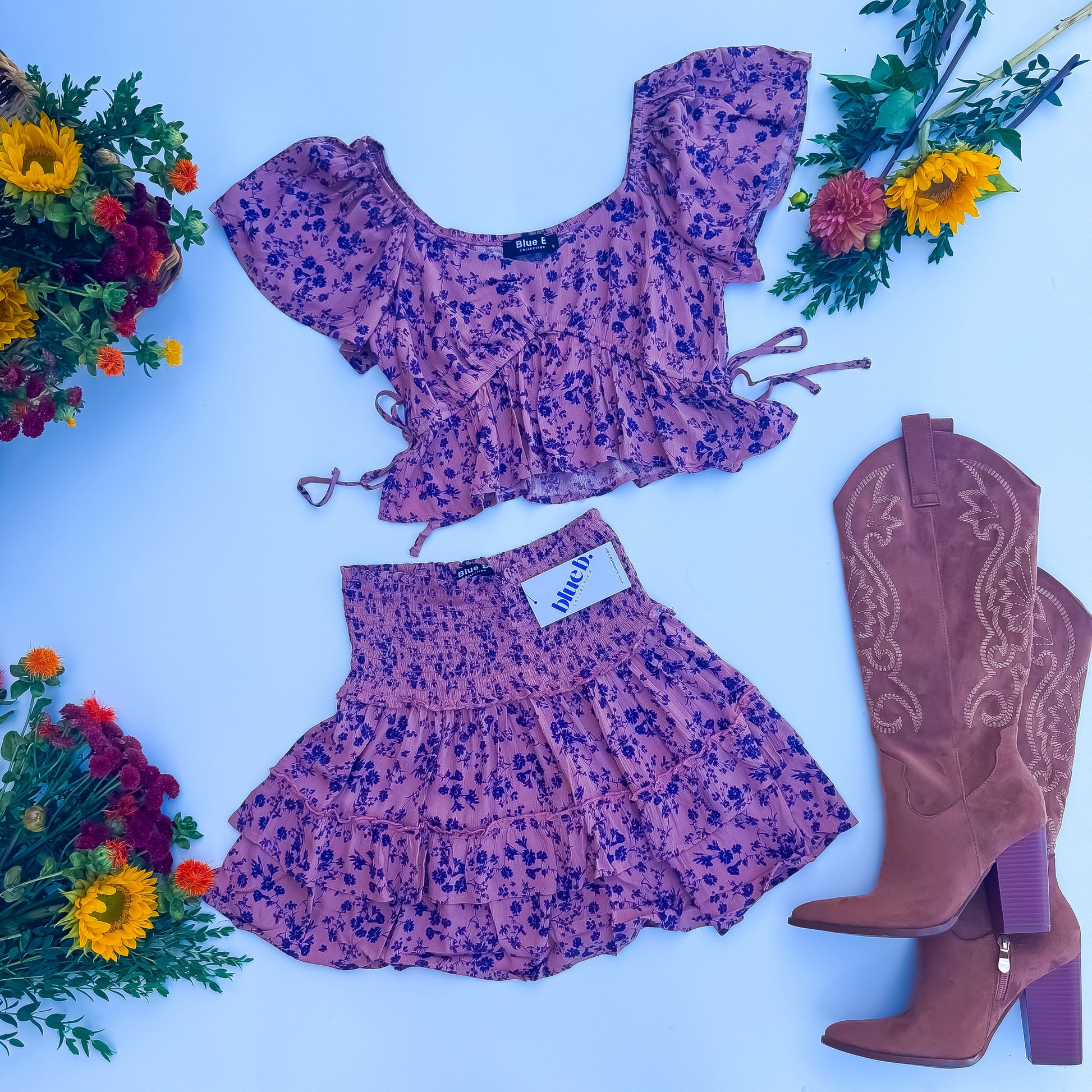 Mauve Floral Puff Sleeve Top And Ruffle Skirt Set