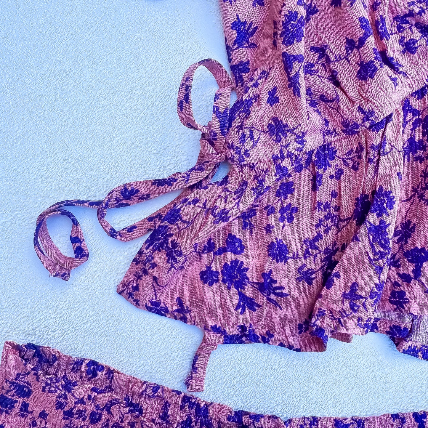 Mauve Floral Puff Sleeve Top And Ruffle Skirt Set