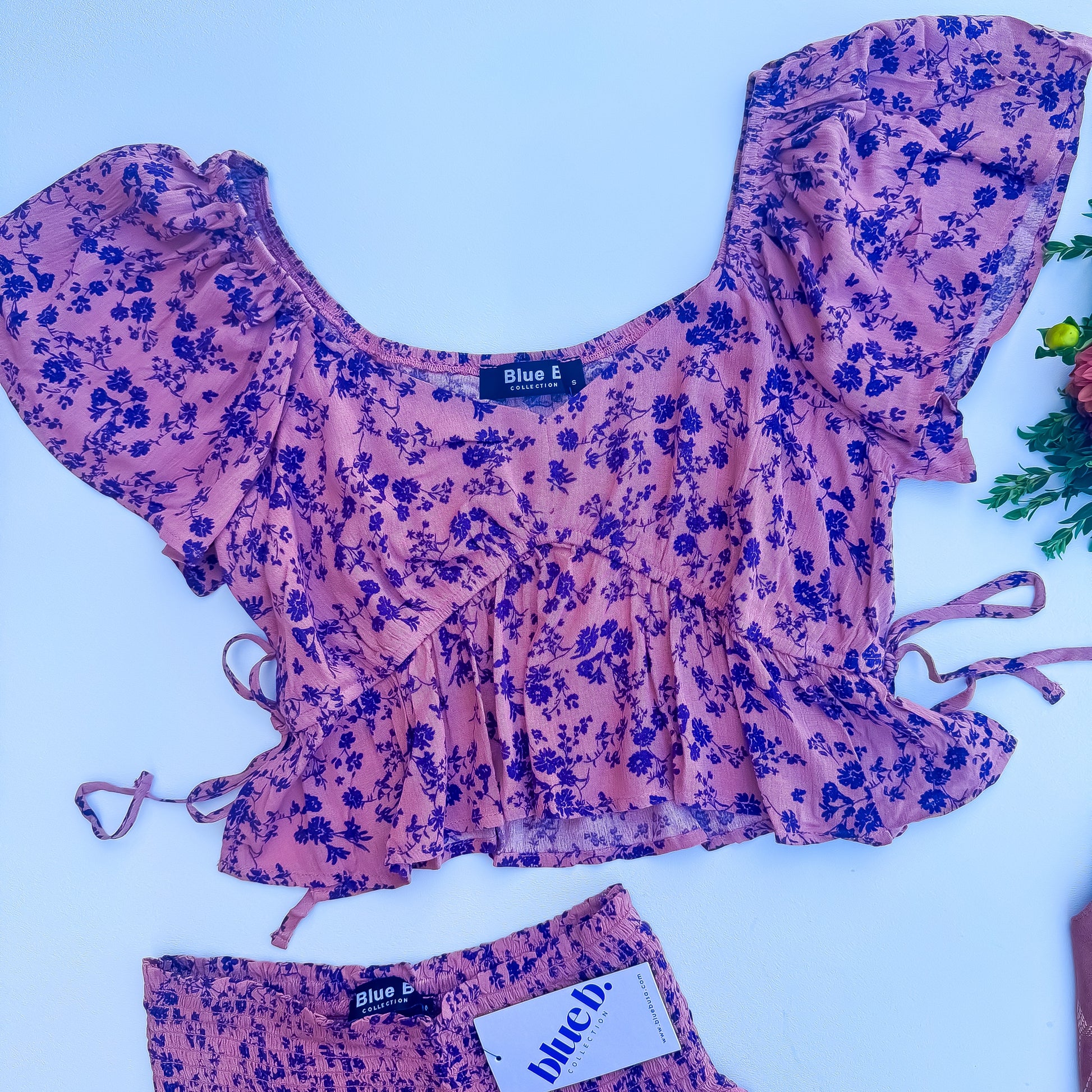 Mauve Floral Puff Sleeve Top And Ruffle Skirt Set