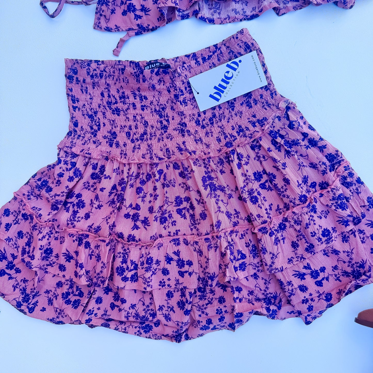 Mauve Floral Puff Sleeve Top And Ruffle Skirt Set