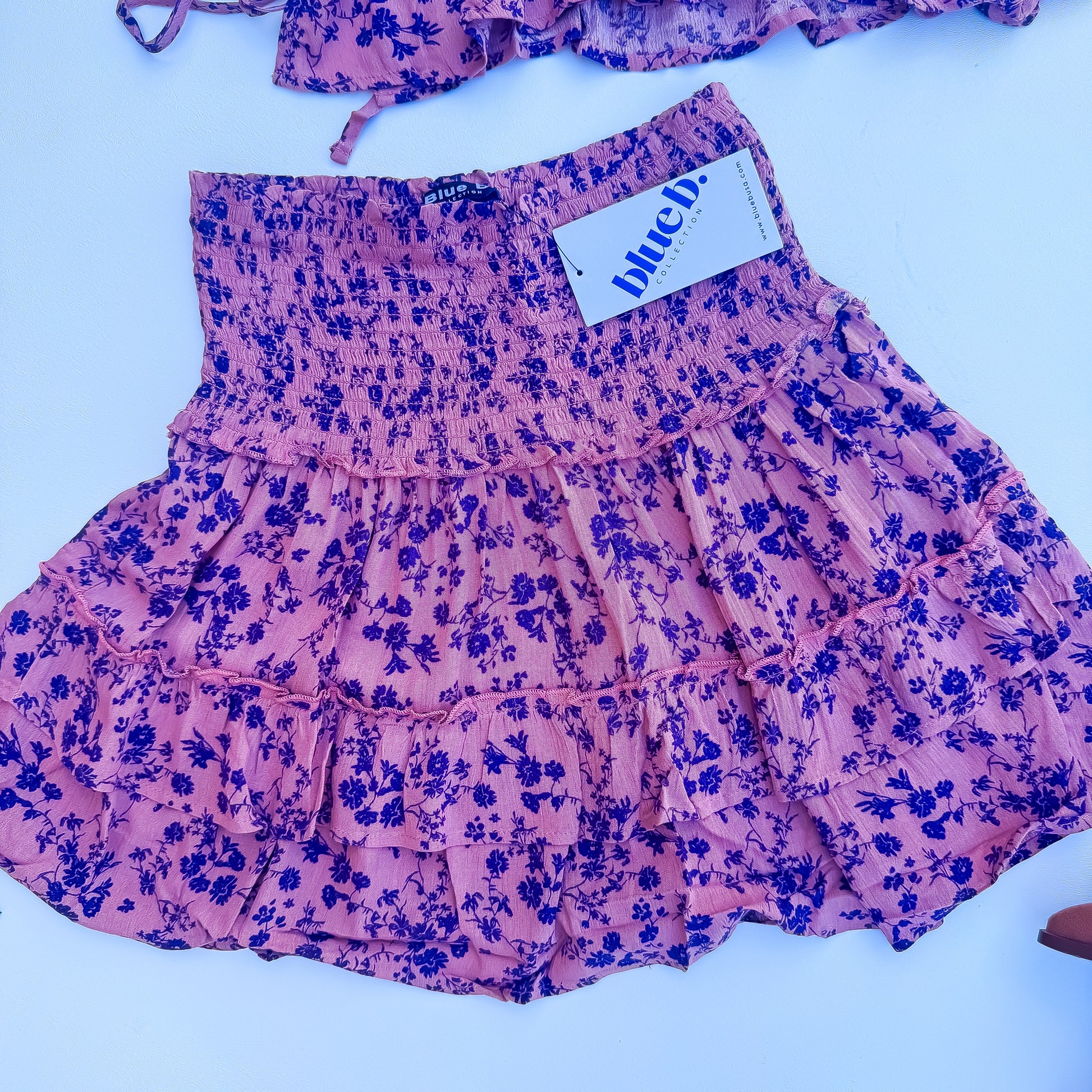 Mauve Floral Puff Sleeve Top And Ruffle Skirt Set