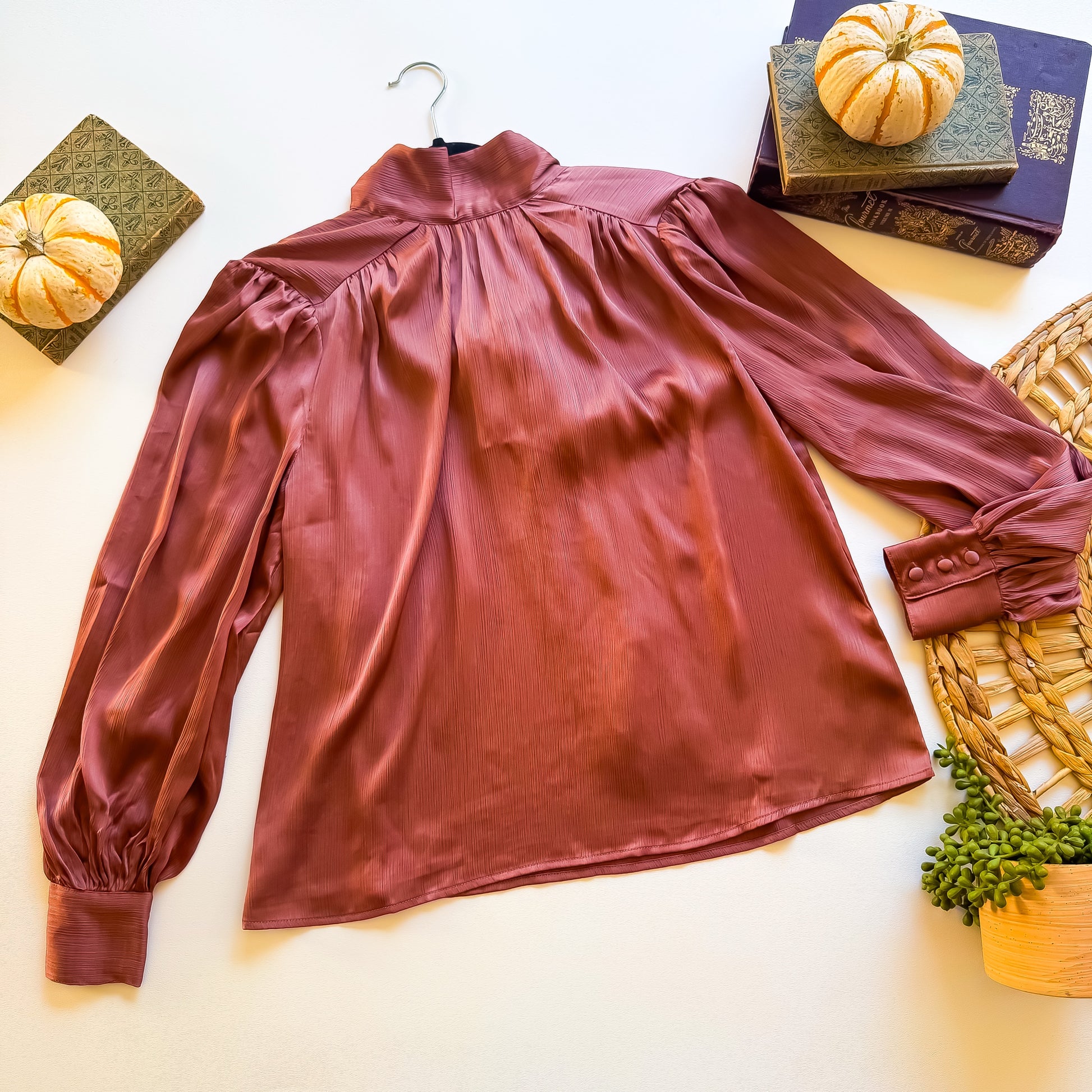 Mauve satin tie neck balloon sleeve blouse