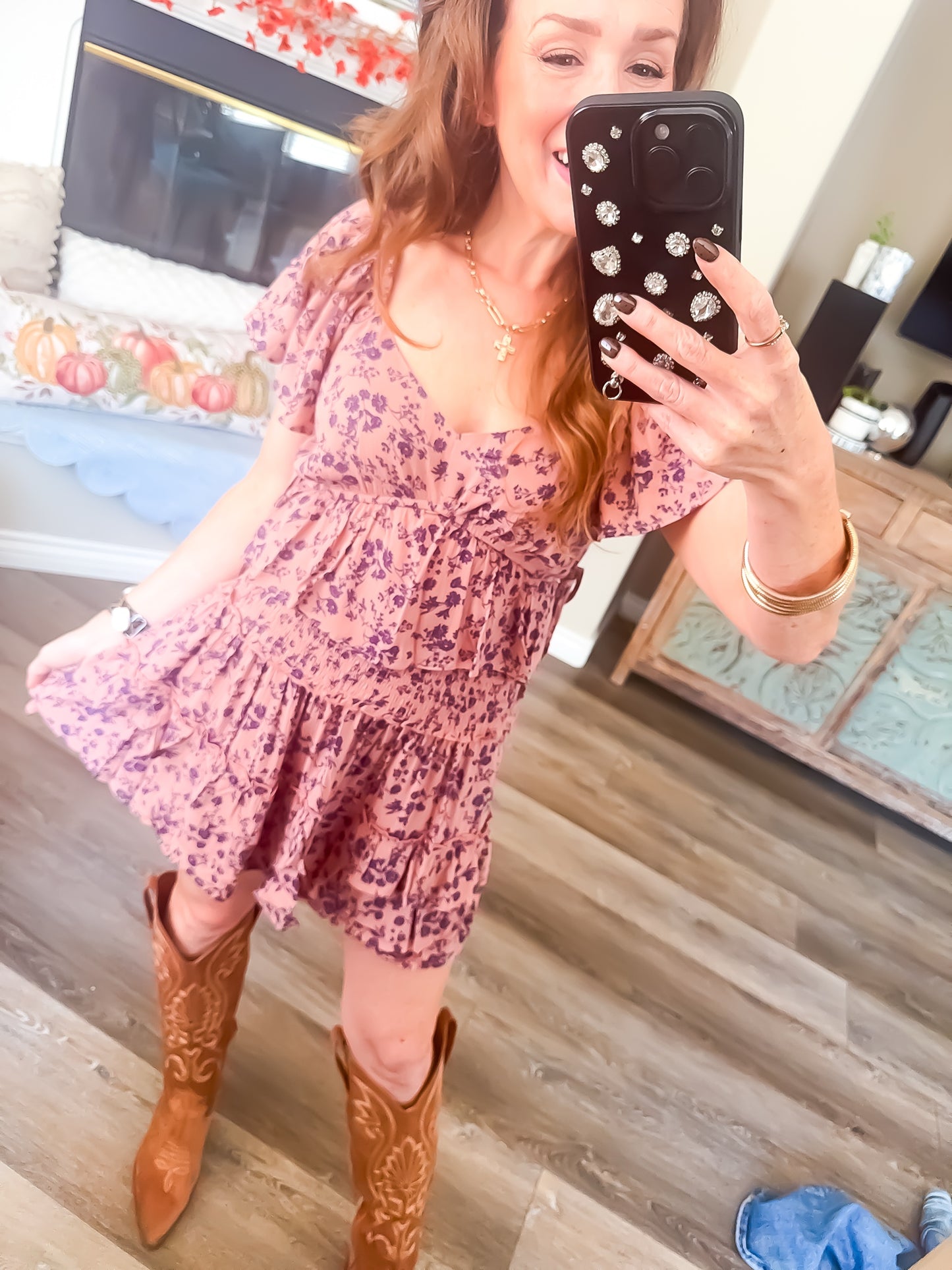 Mauve Floral Puff Sleeve Top And Ruffle Skirt Set