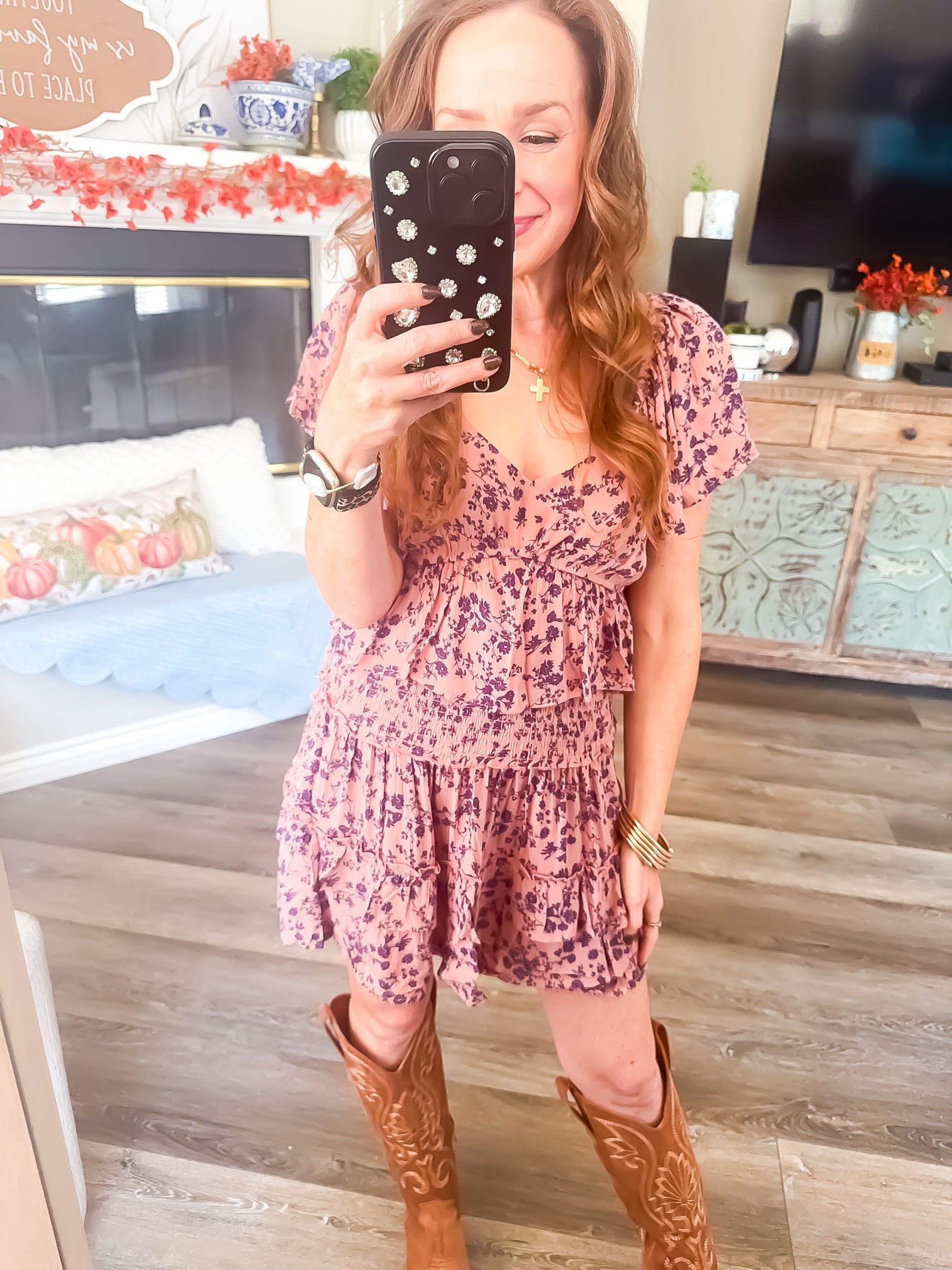 Mauve Floral Puff Sleeve Top And Ruffle Skirt Set