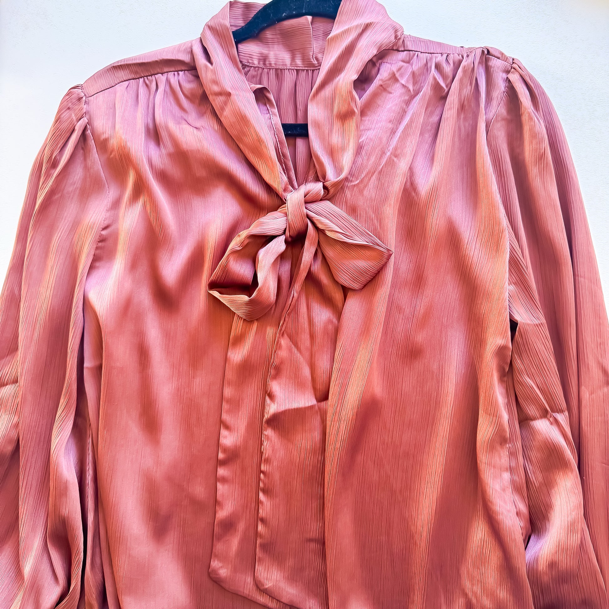 Mauve satin tie neck balloon sleeve blouse