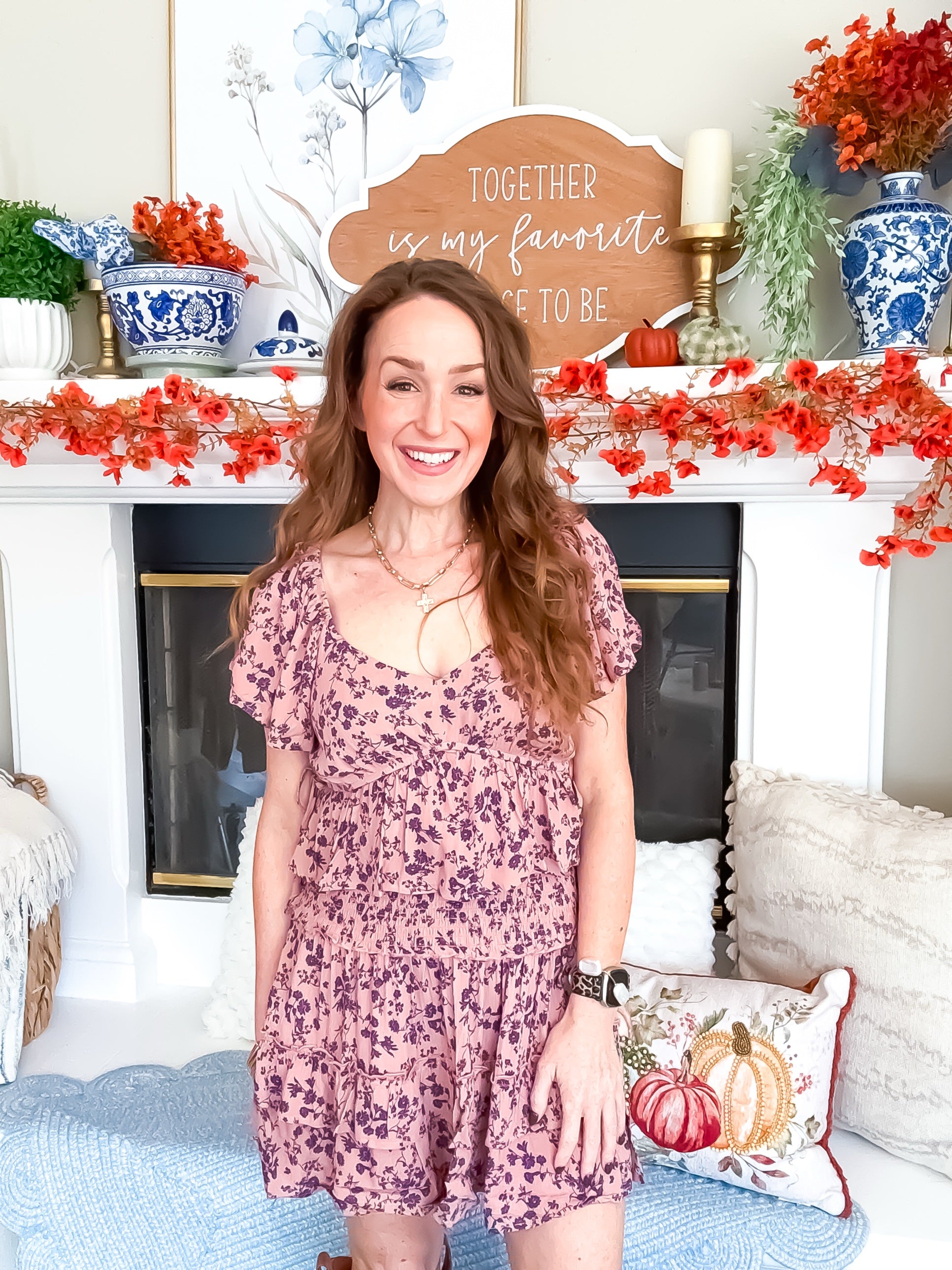 Mauve Floral Puff Sleeve Top And Ruffle Skirt Set
