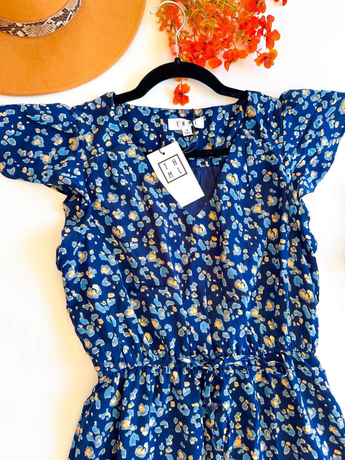 Navy leopard flutter sleeve tassel midi dress close-up