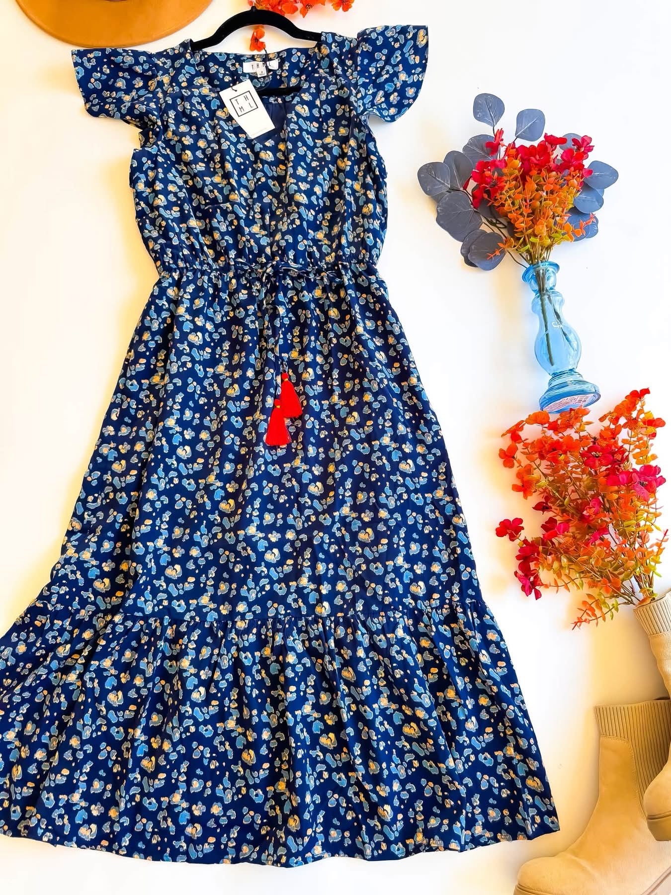 Navy leopard flutter sleeve tassel midi dress