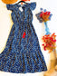Navy leopard flutter sleeve tassel midi dress
