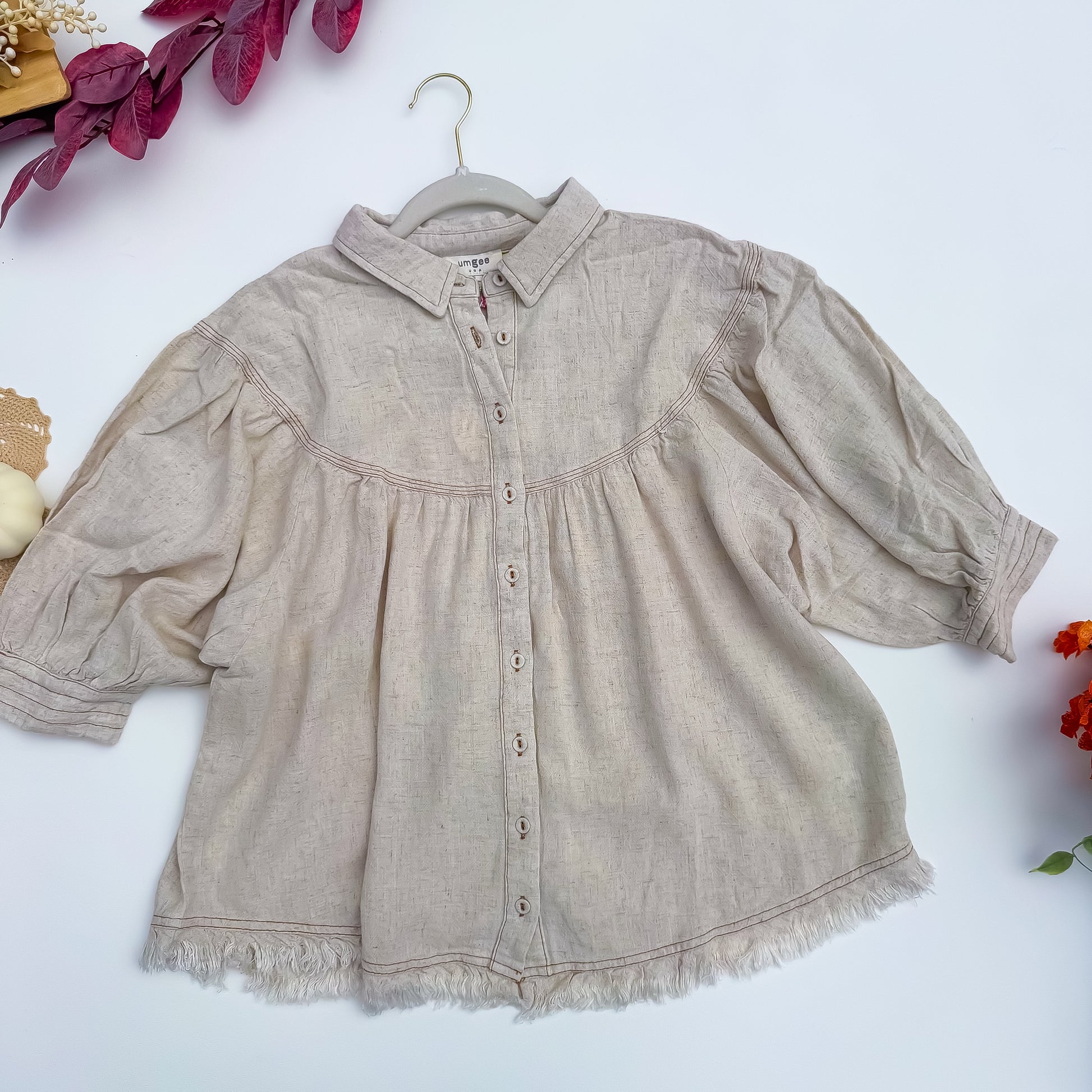 Oatmeal Fringe Hem Linen Button-Up Babydoll Top