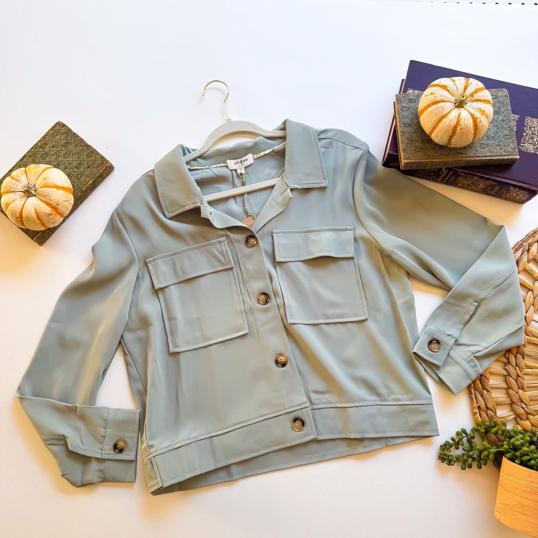 Sage cropped utility jacket with chest pockets