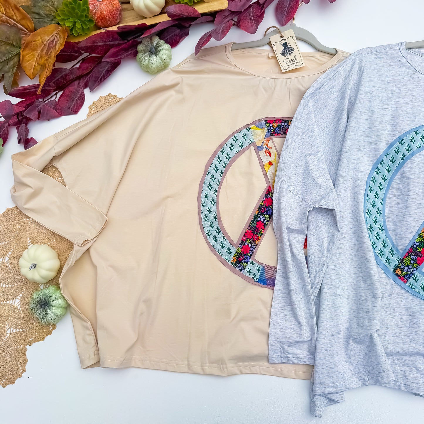 Peace, Love & Pumpkin Patchwork Tee in Cream and Heather Gray