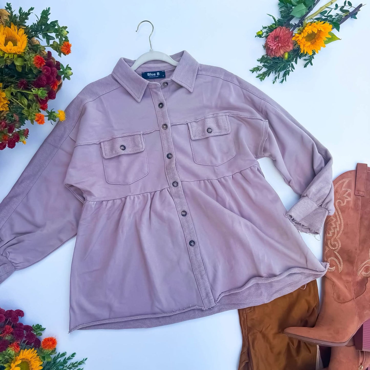 Rosewood Lane Dusty Rose Frayed Peplum Shacket