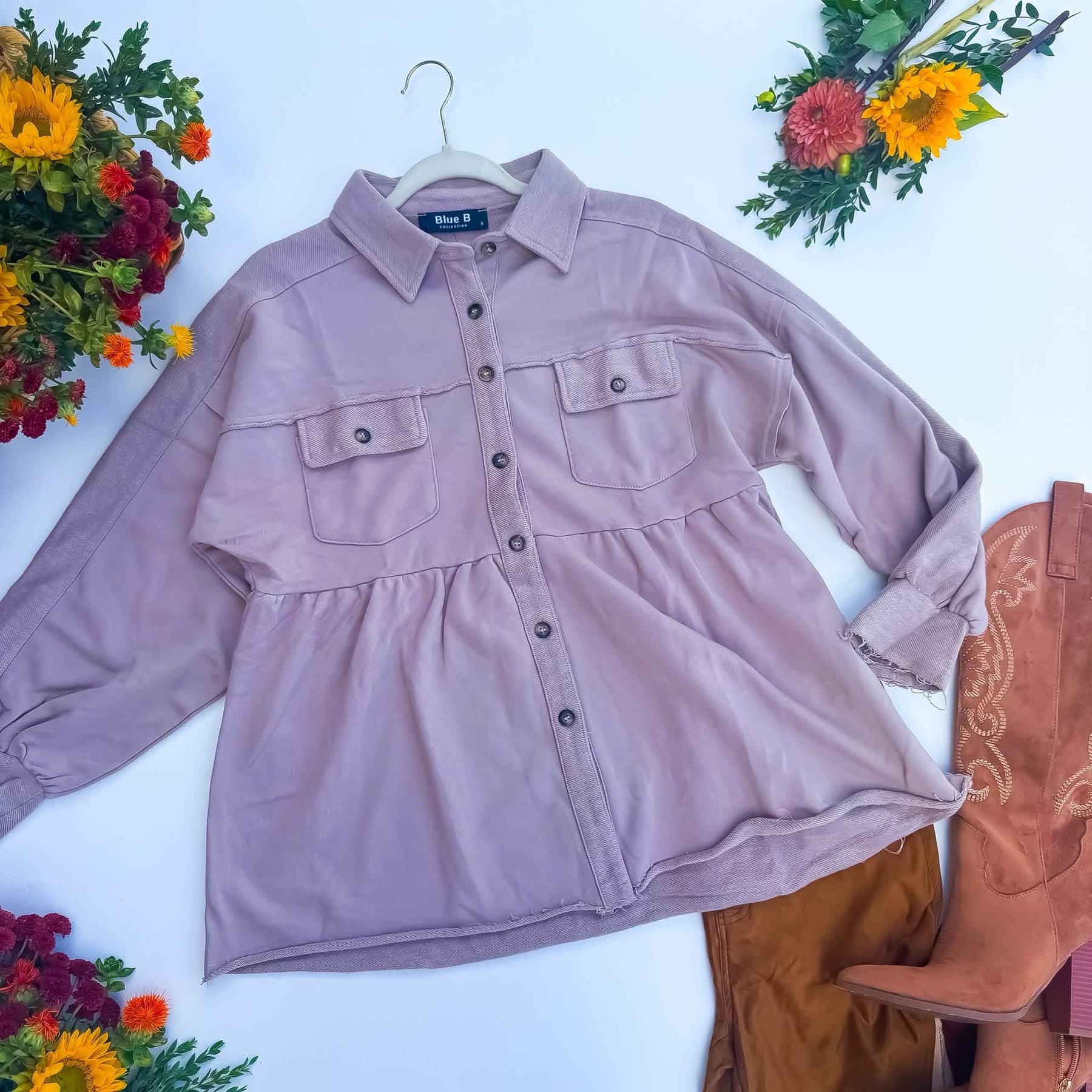 Rosewood Lane Dusty Rose Frayed Peplum Shacket