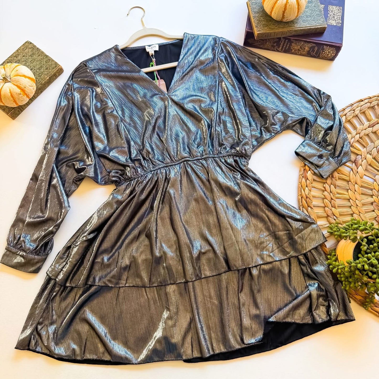 Silver metallic V-neck tiered babydoll dress