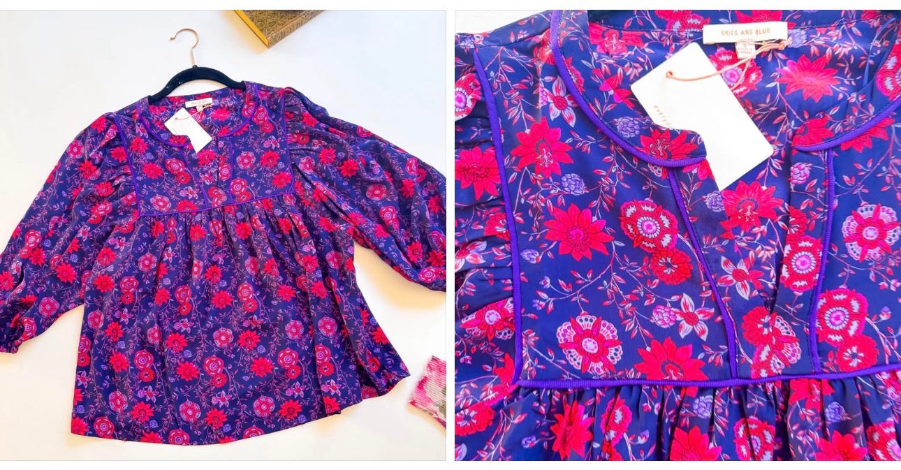 Navy and red floral puff sleeve peasant blouse